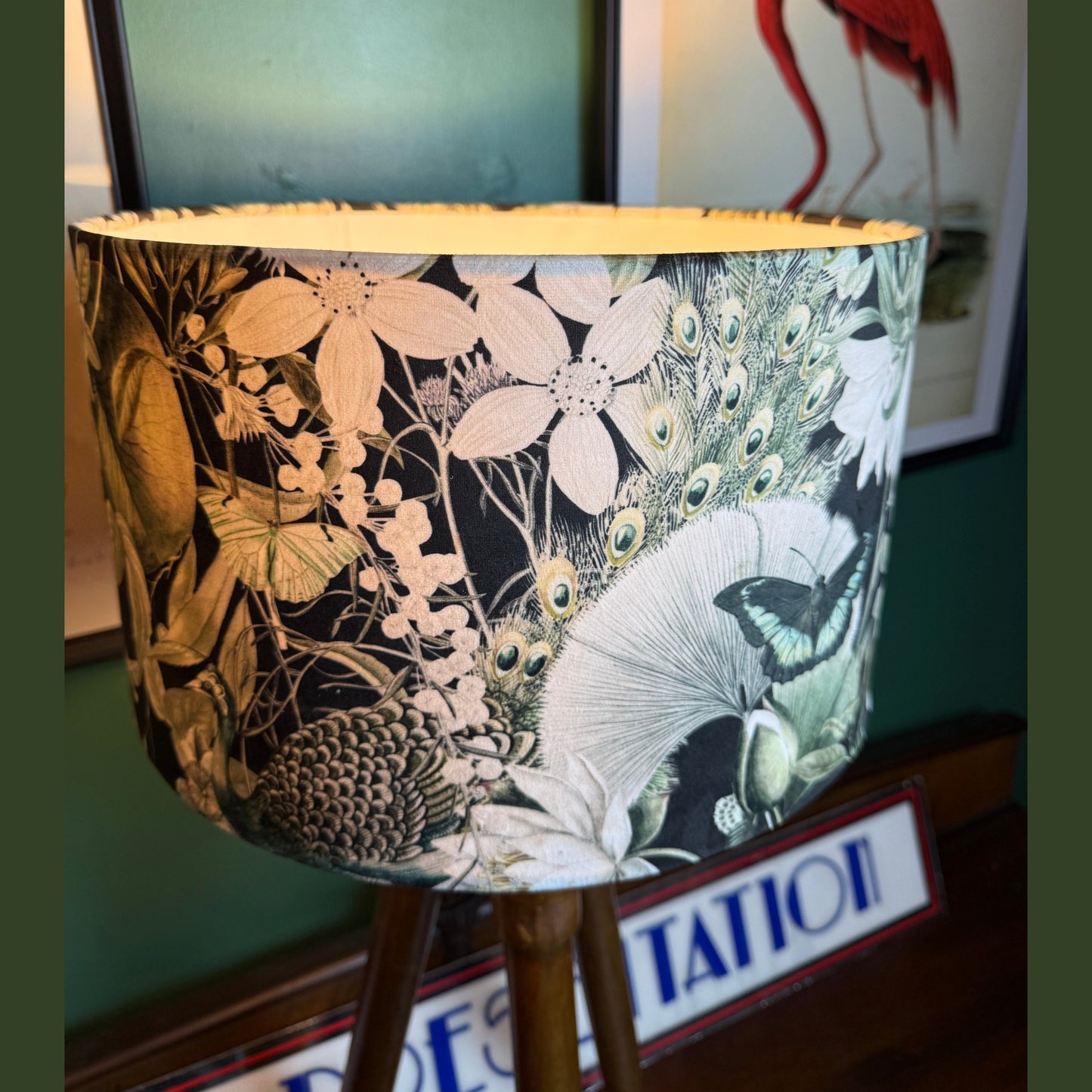 Peacocks & butterflies black velvet lampshade