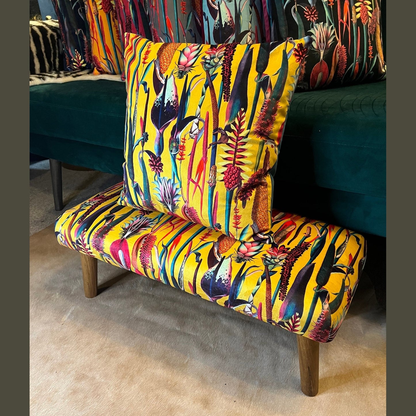 Yellow botanical lily velvet Footstool