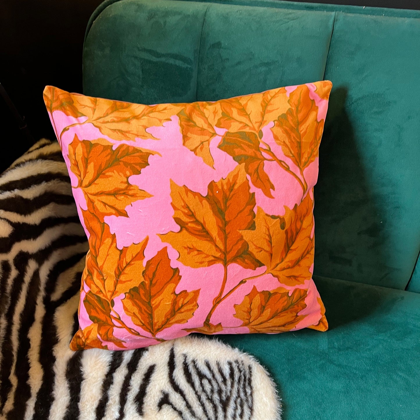 Dappled leaf luxury velvet cushion Sophie Robinson Harlequin