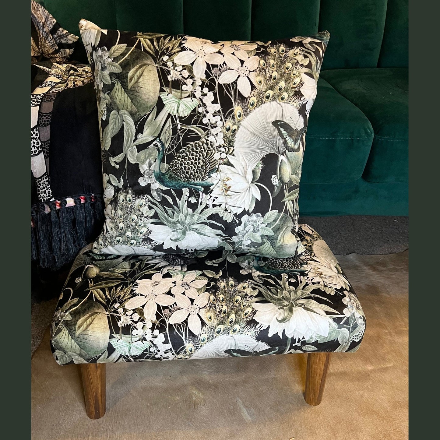 Peacocks and butterflies luxury velvet Footstool