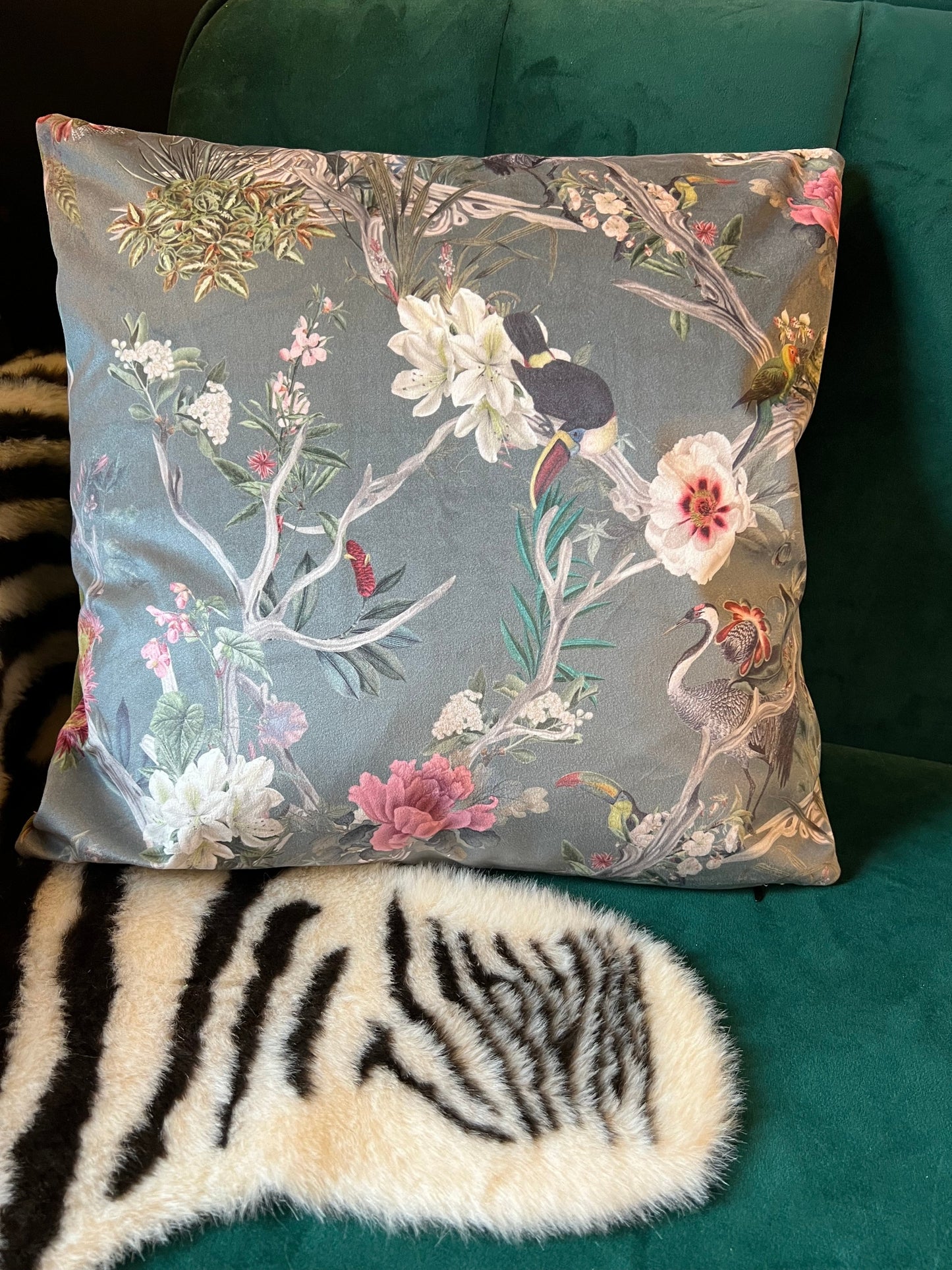 Oriental paradise luxury grey velvet cushion