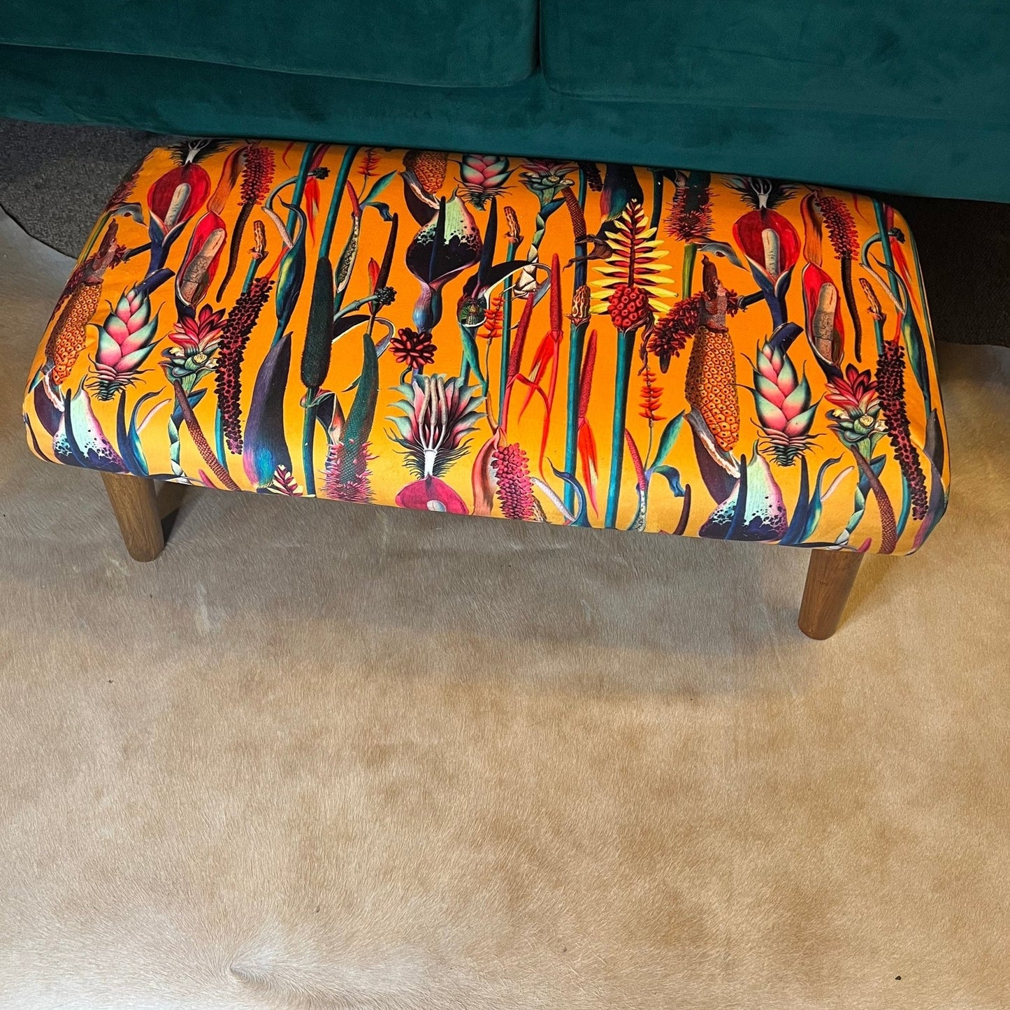 Botanical lily mustard velvet Footstool