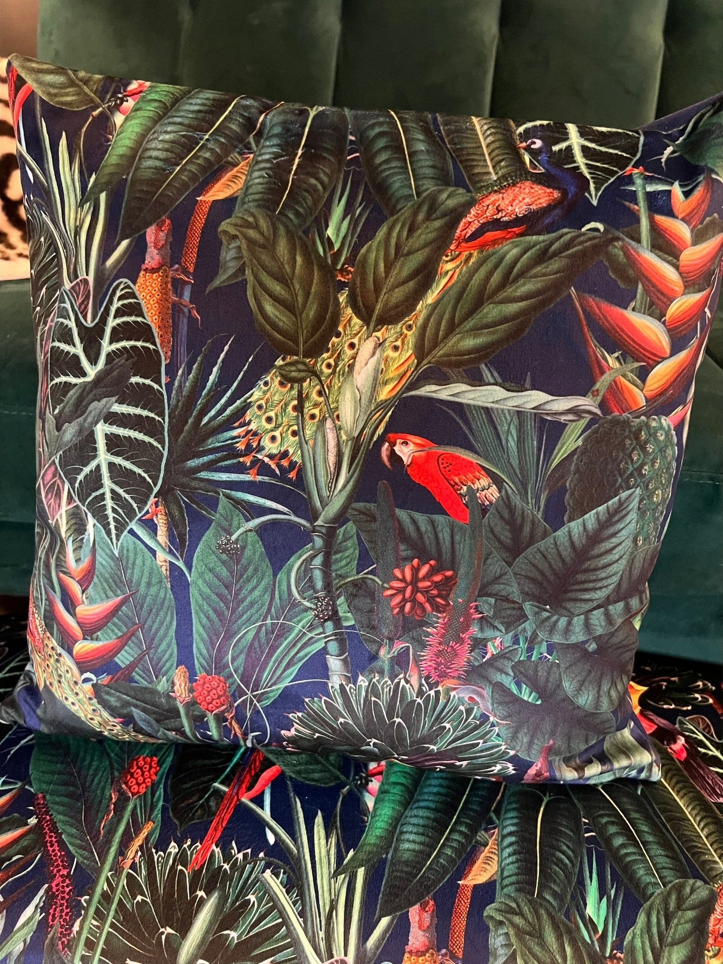 Rainforest jungle parrot toucan peacock luxury navy velvet Footstool