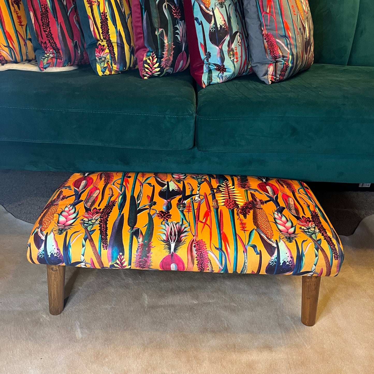 Botanical lily mustard velvet Footstool