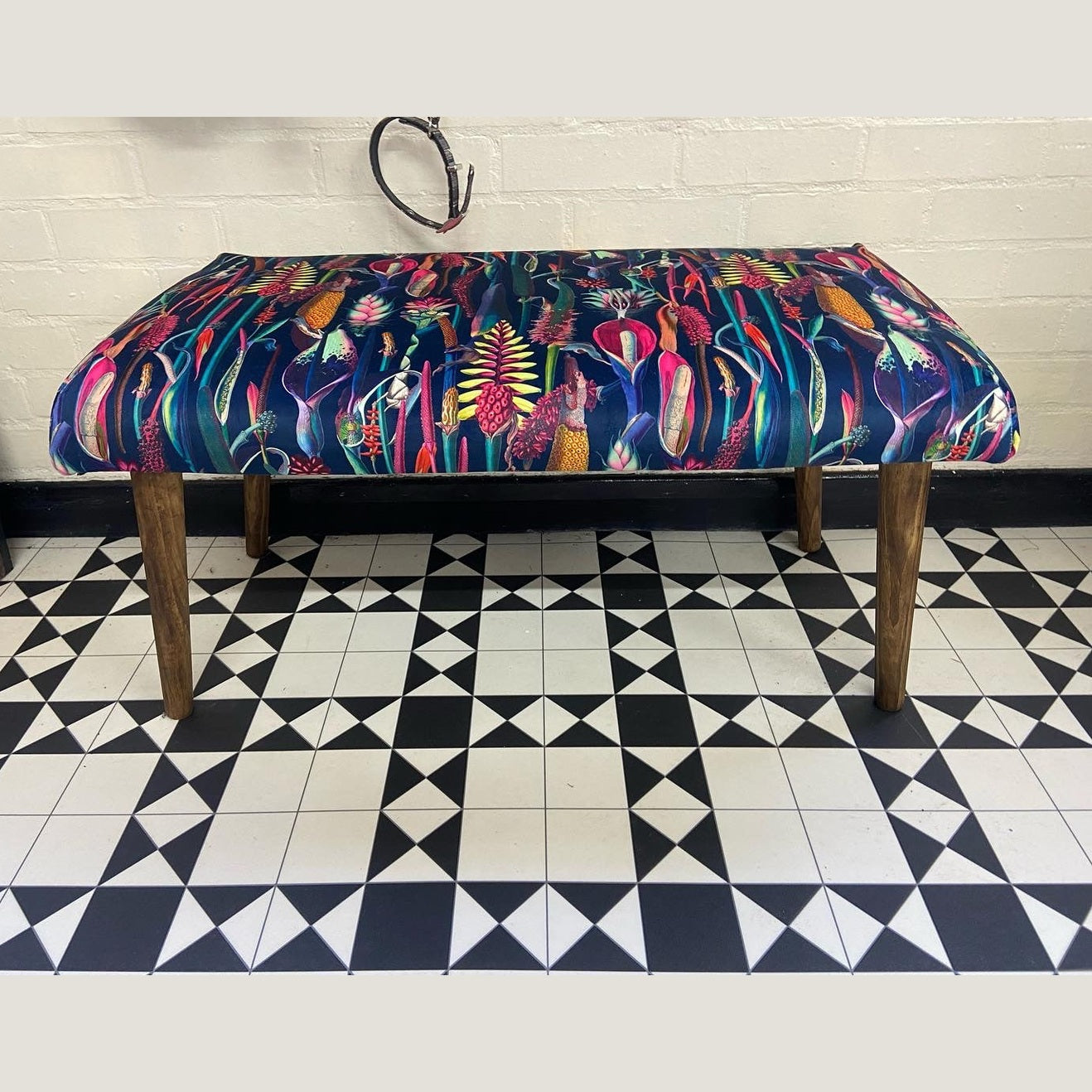 Navy velvet botanical lily bench