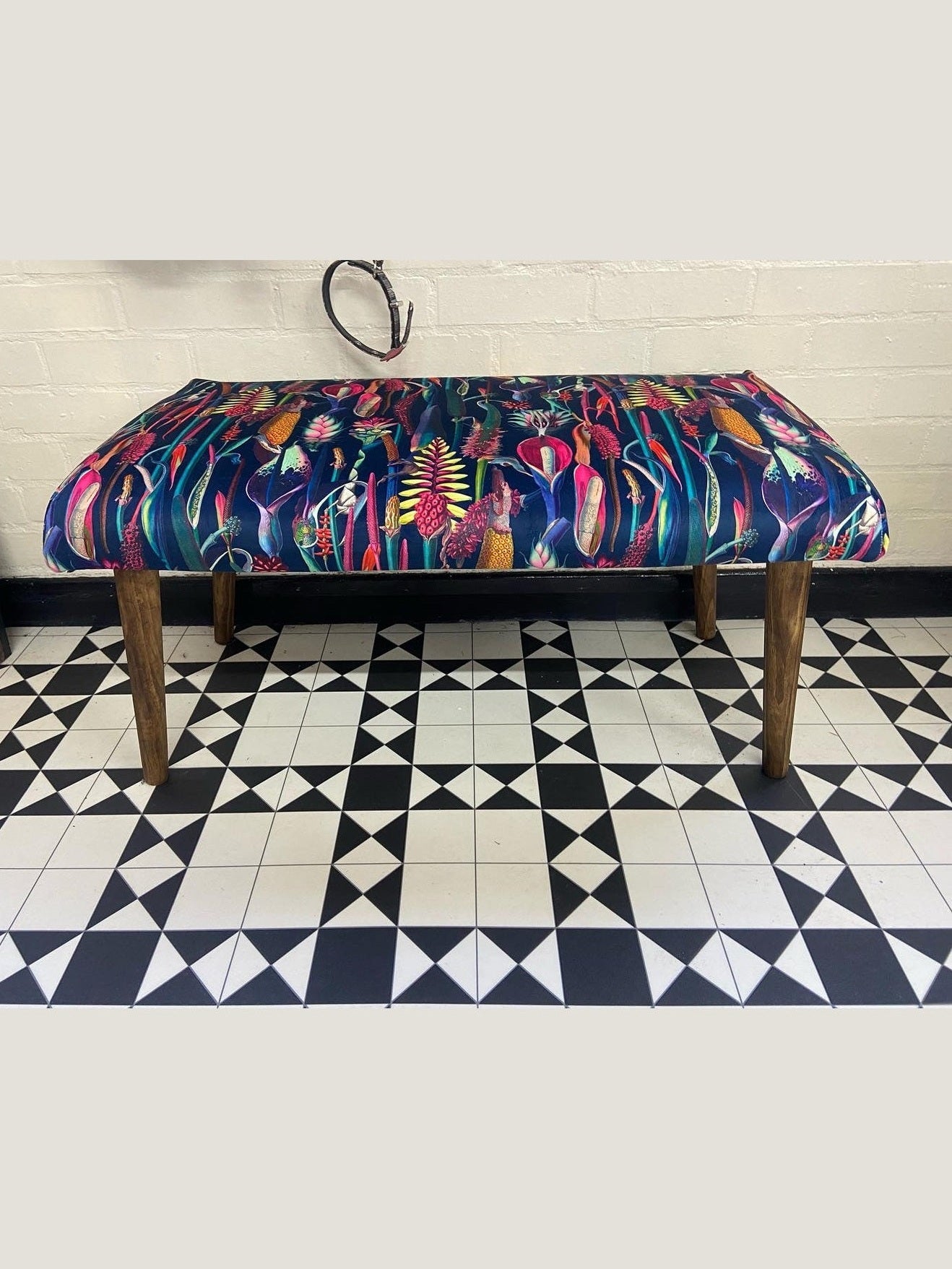 Navy velvet botanical lily bench