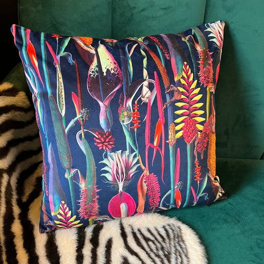 Botanical lily luxury navy velvet cushion
