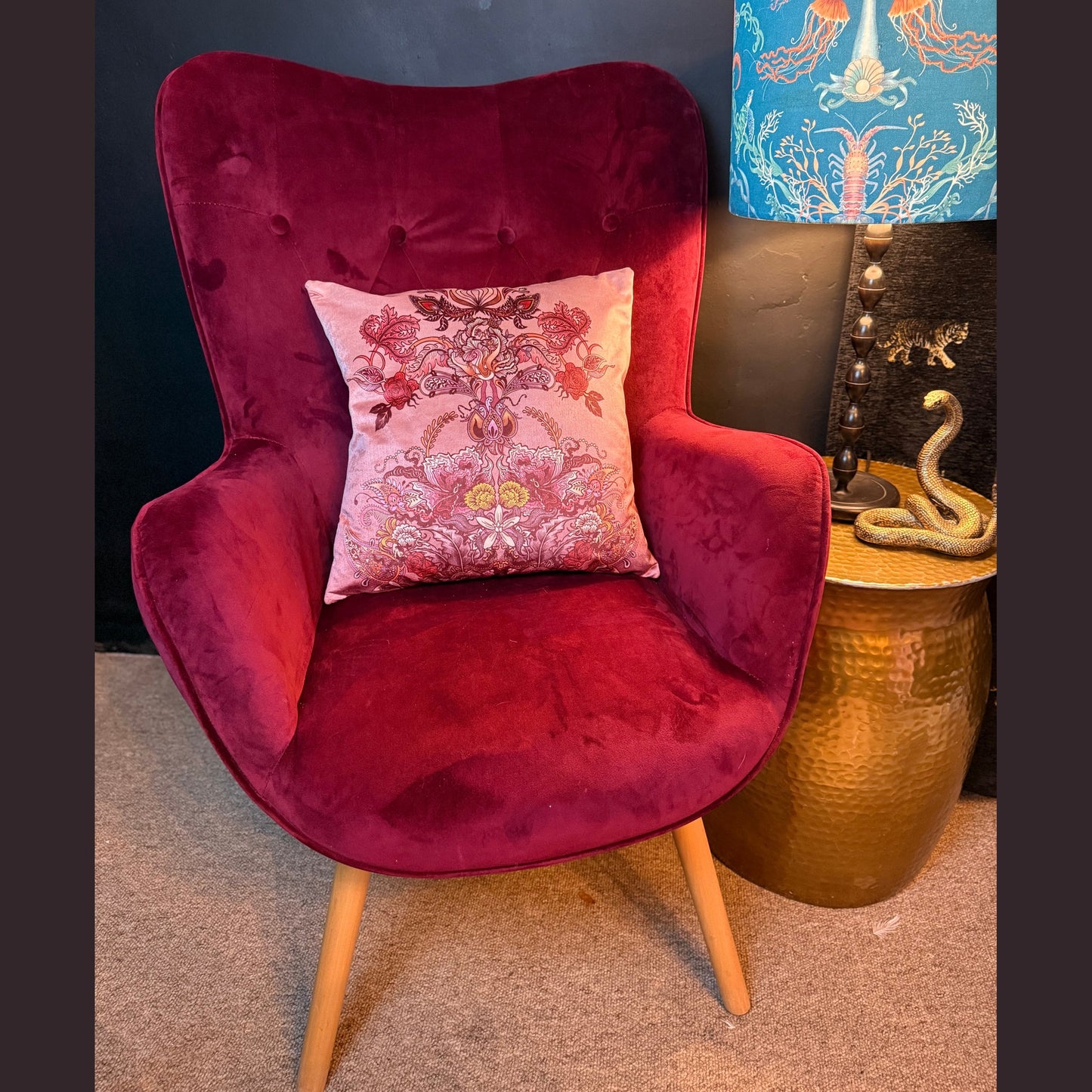 Eden pink lagoon luxury pink velvet cushion Becca Who