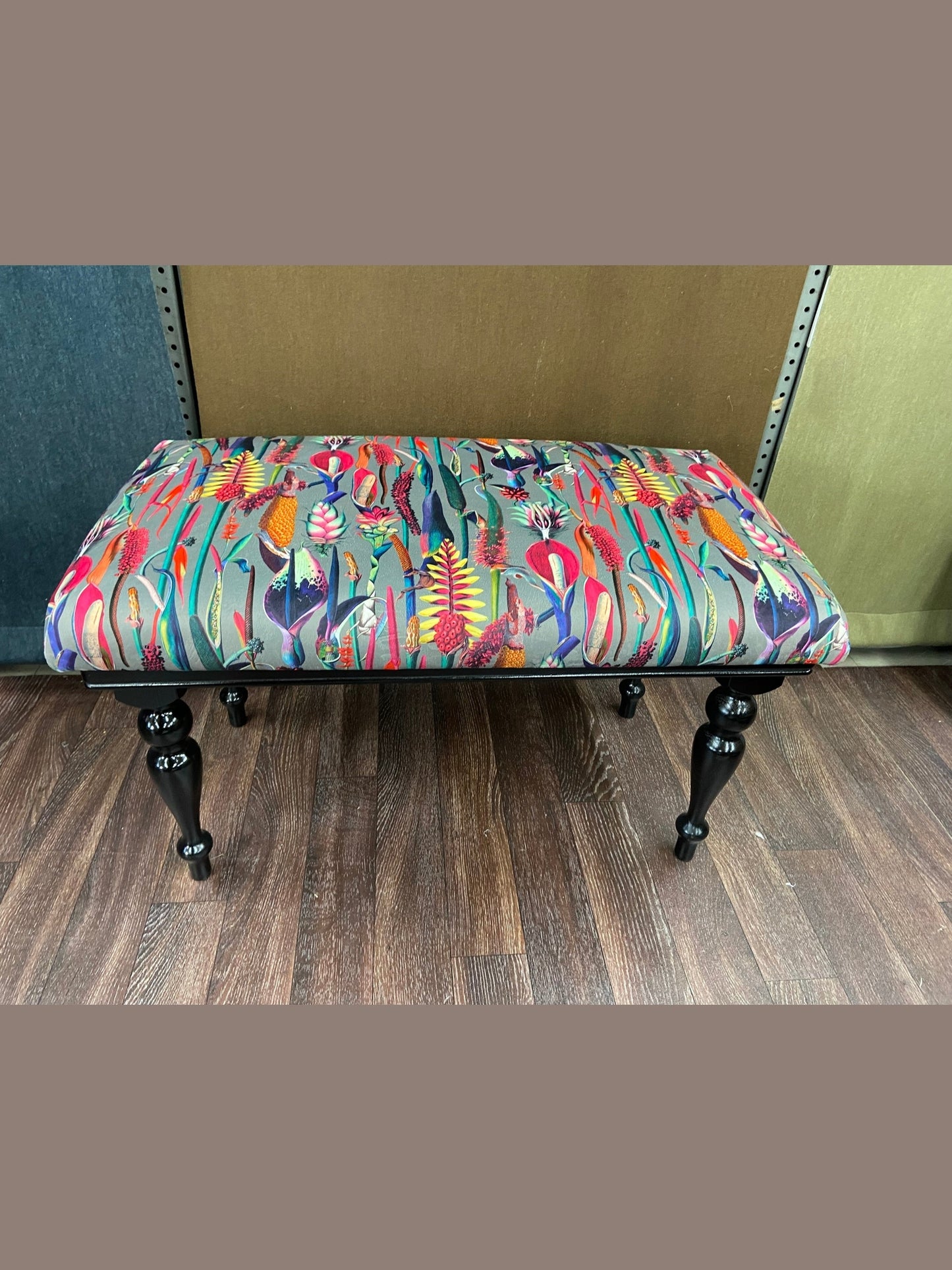 Grey velvet botanical lily bench