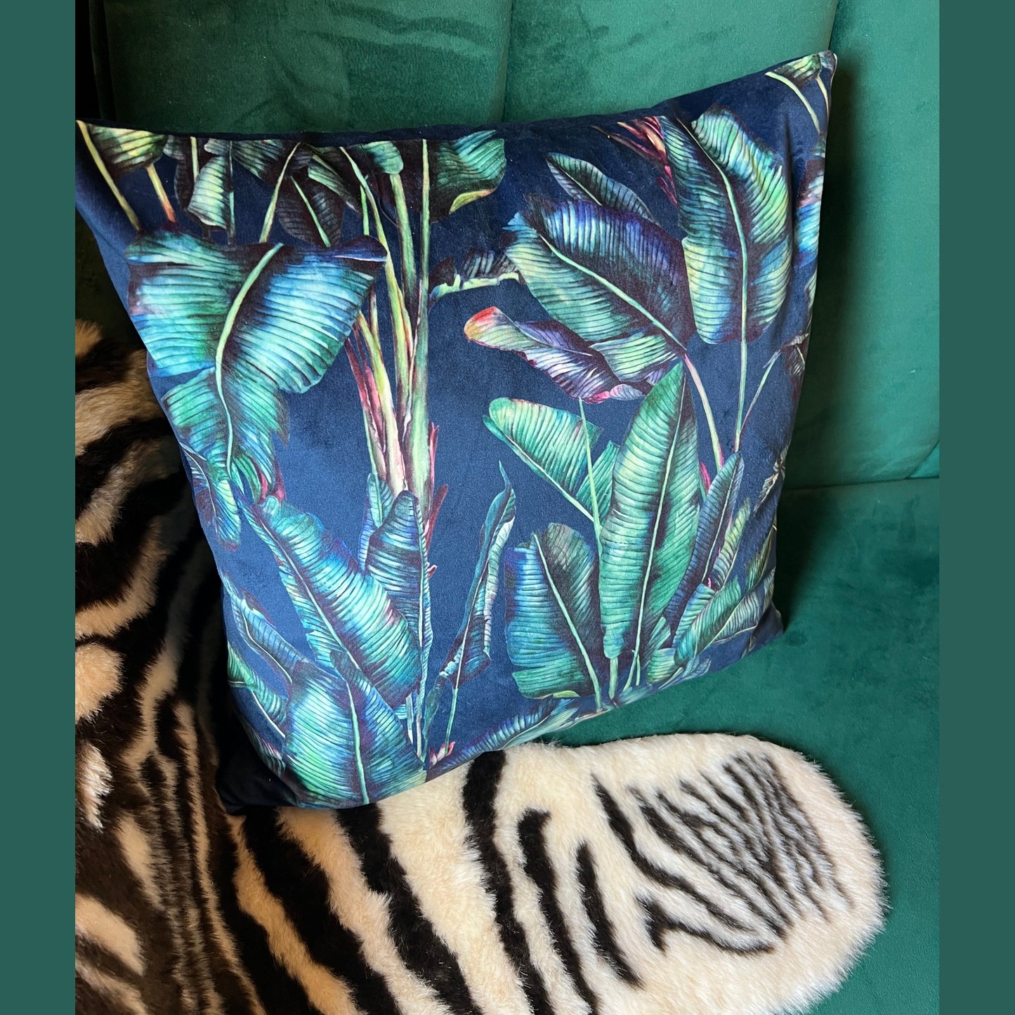 Palm leaf luxury navy velvet jungle cushion
