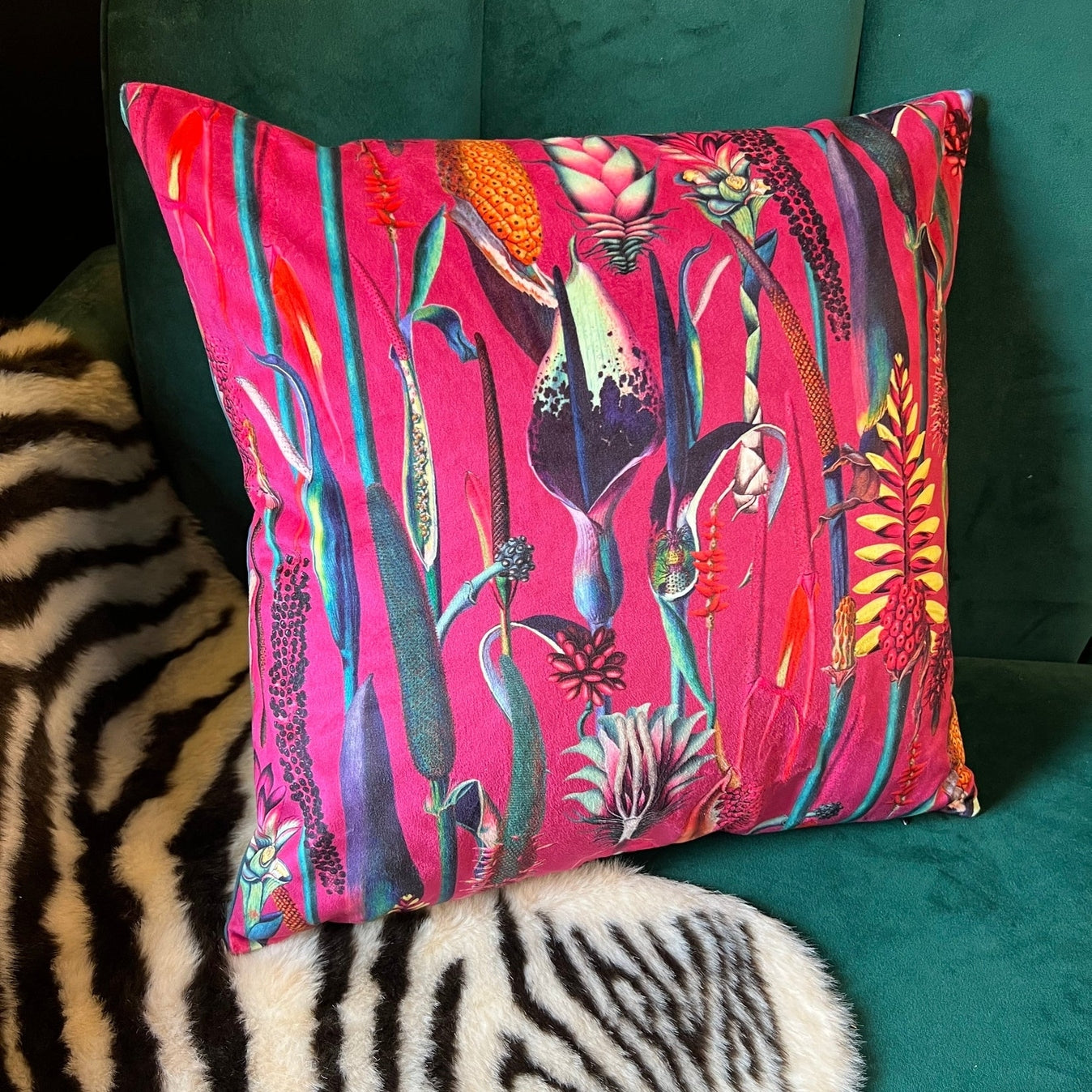 Botanical lily luxury hot pink velvet cushion