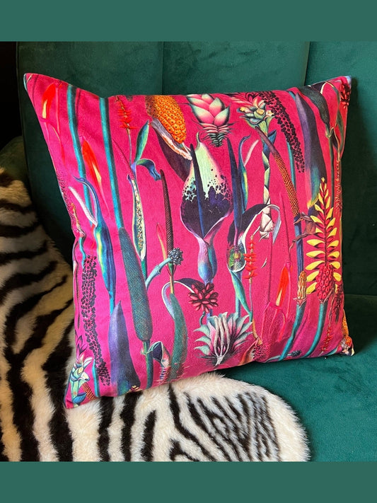 Botanical lily luxury hot pink velvet cushion