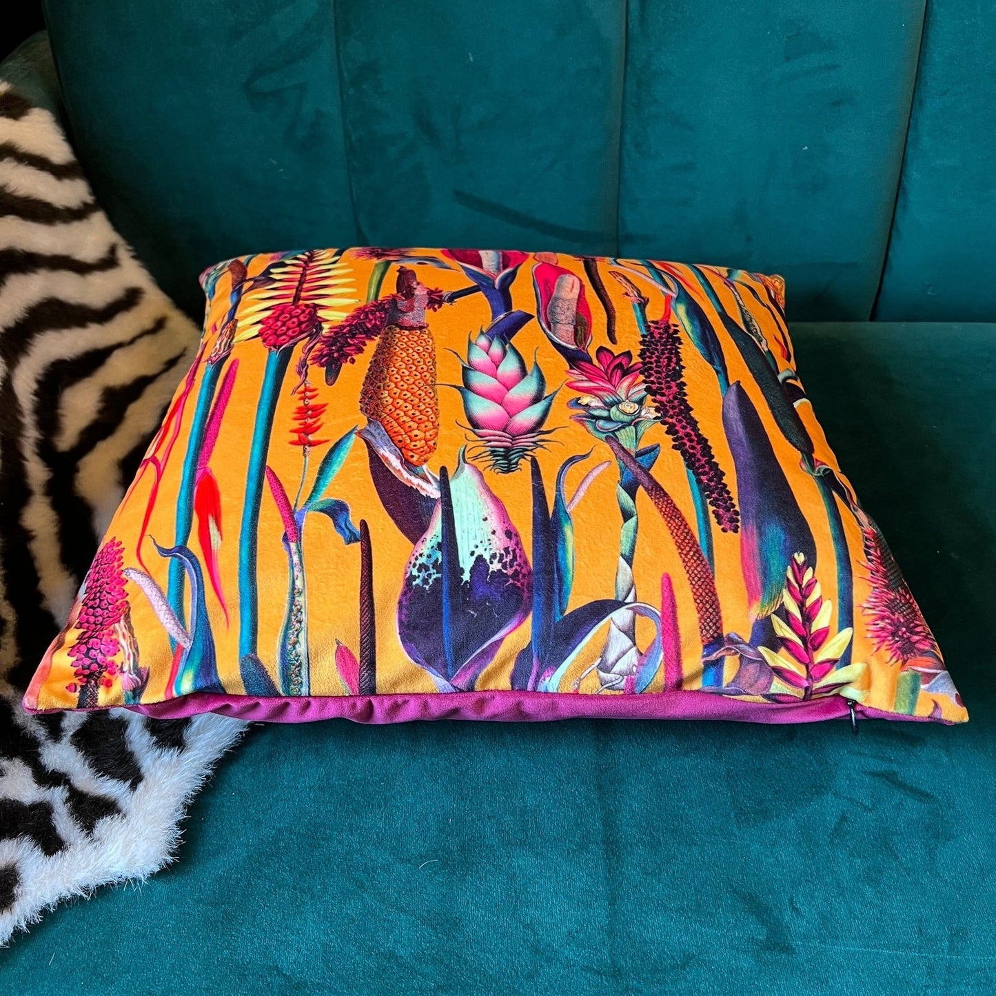 Botanical lily luxury mustard velvet cushion