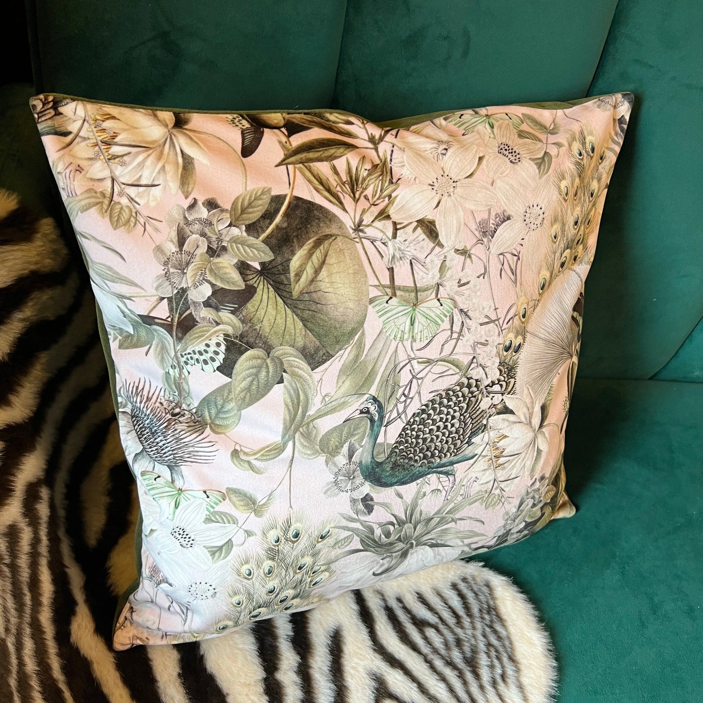 Peacocks and butterflies luxury pink velvet cushion