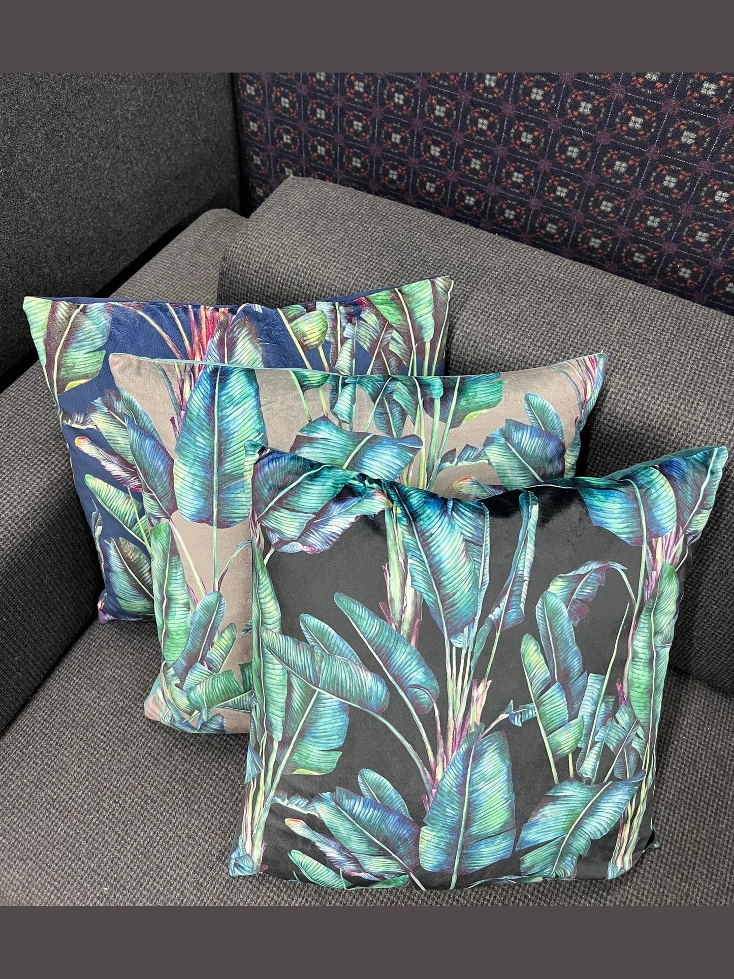 Palm leaf luxury grey velvet cushion