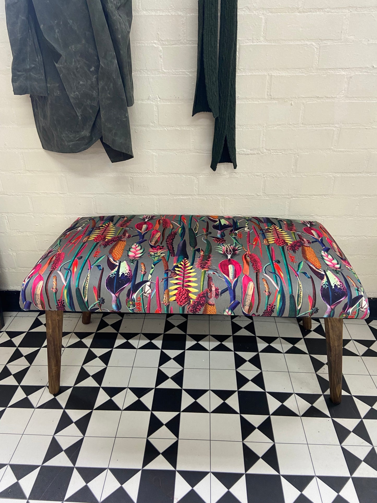 Grey velvet botanical lily bench