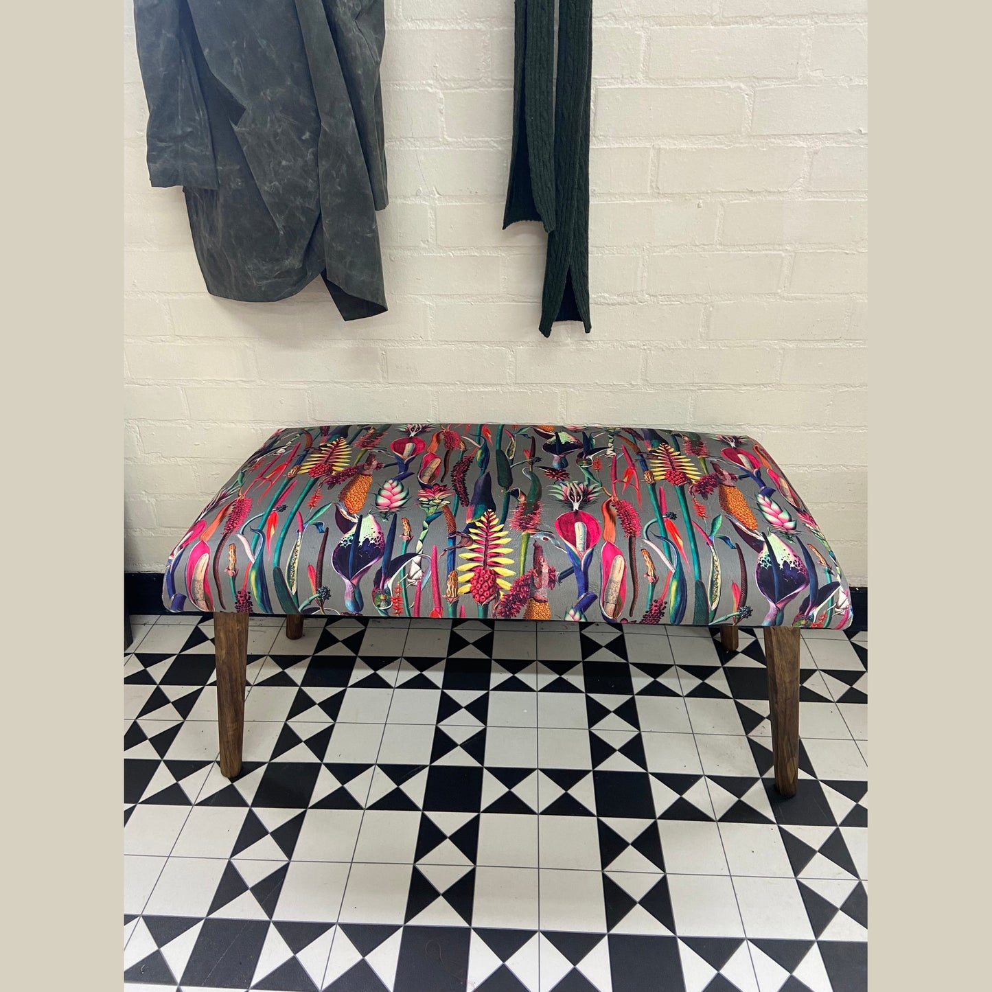 Grey velvet botanical lily bench