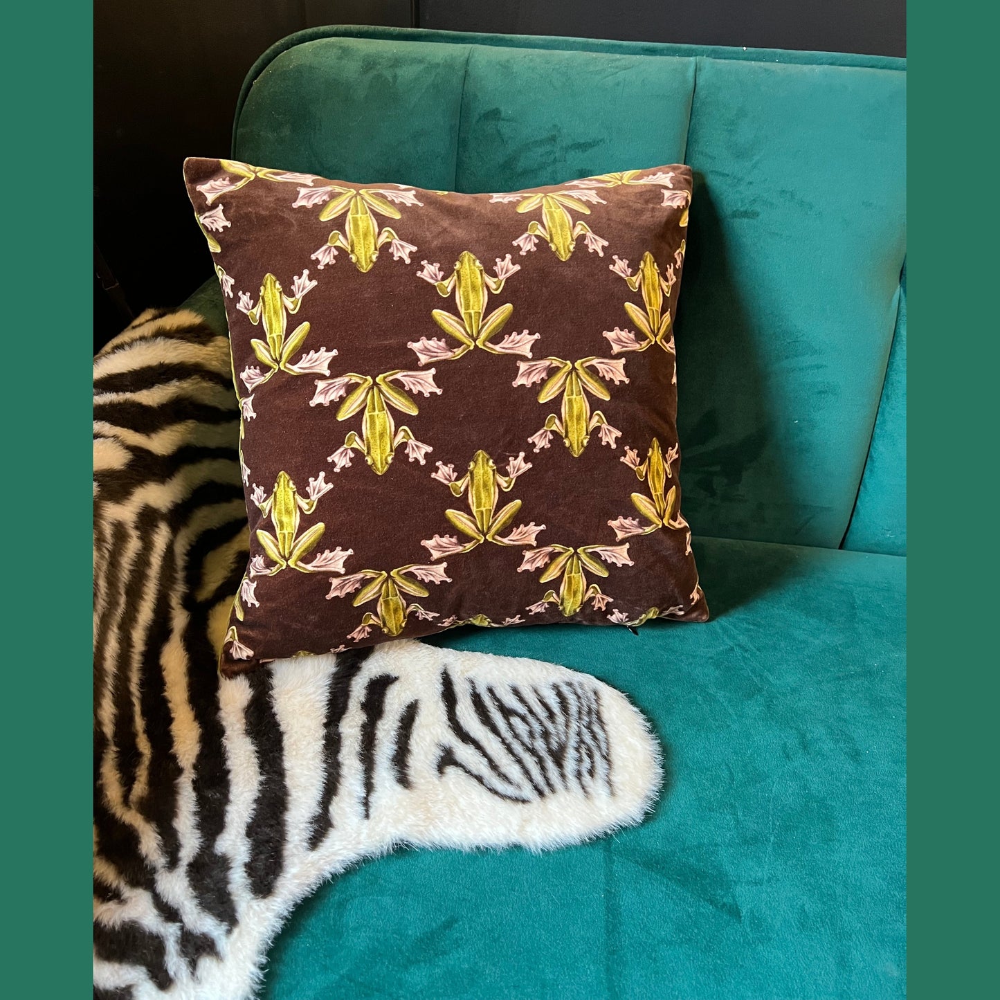 Wood frog luxury velvet cushion Harlequin