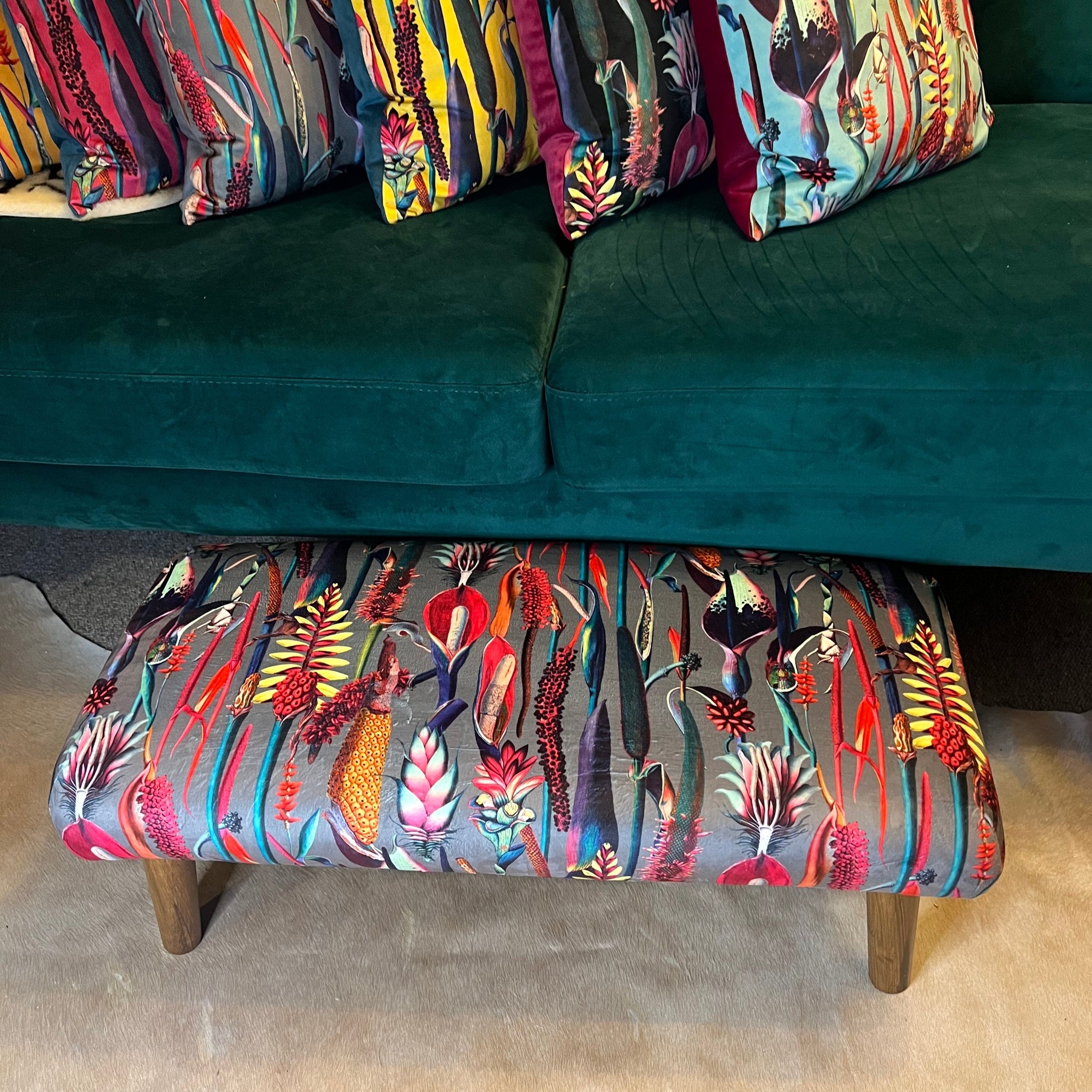 Botanical Lily | Grey & Pink Velvet | Footstool