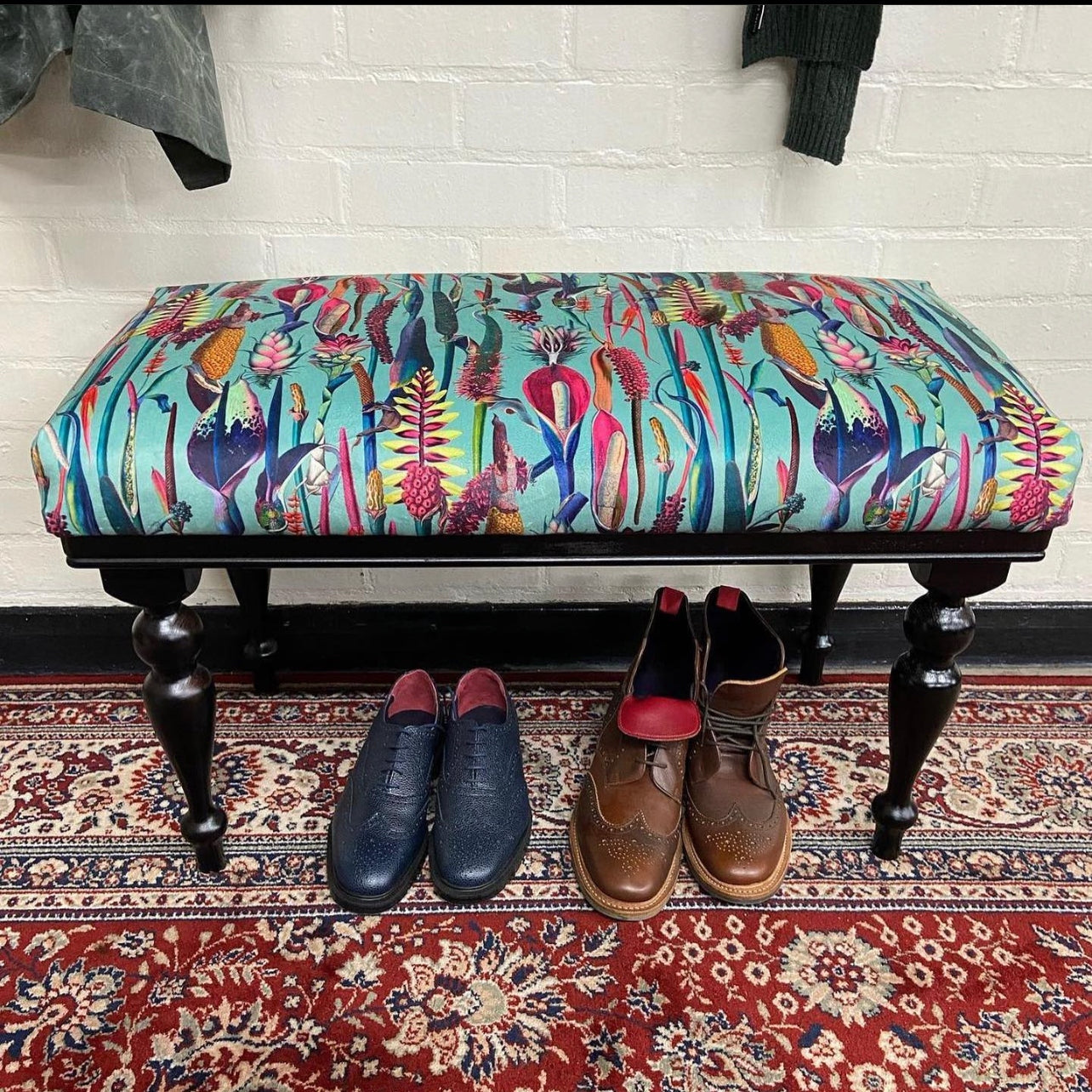 Turquoise velvet botanical lily bench