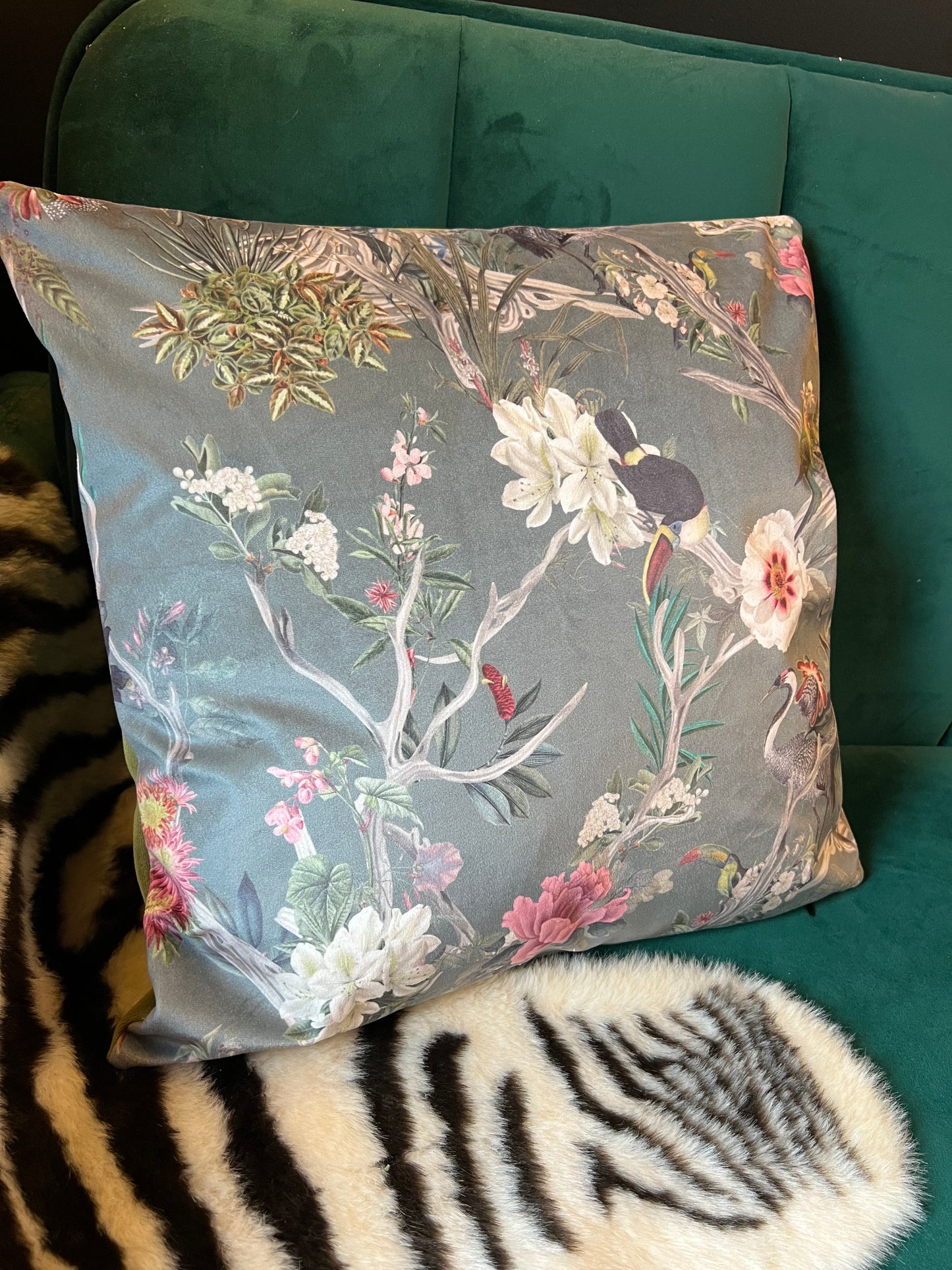 Oriental paradise luxury grey velvet cushion