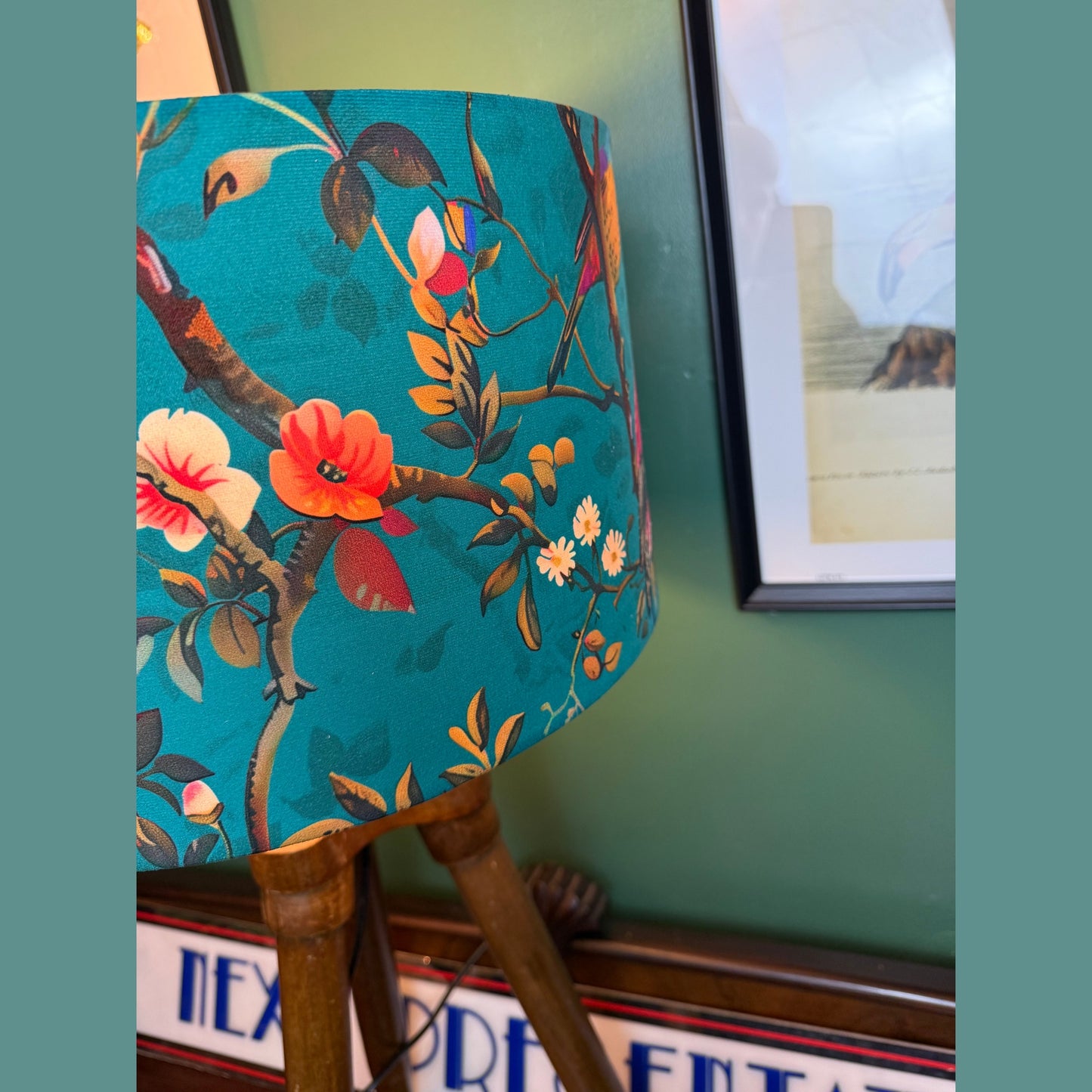 Teal perching birds velvet lampshade