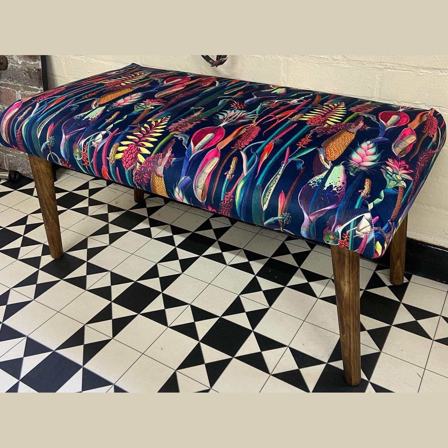 Navy velvet botanical lily bench