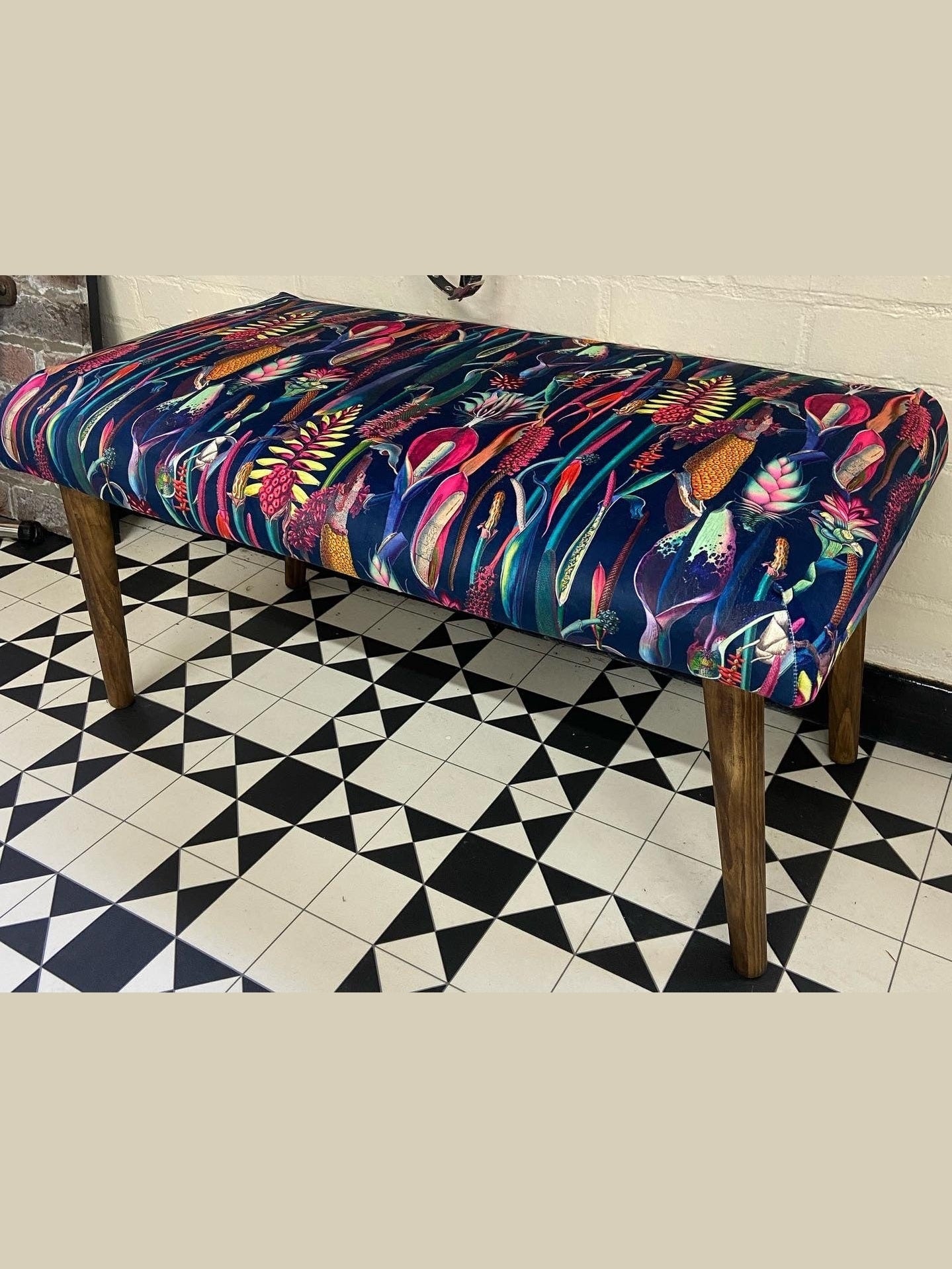 Navy velvet botanical lily bench