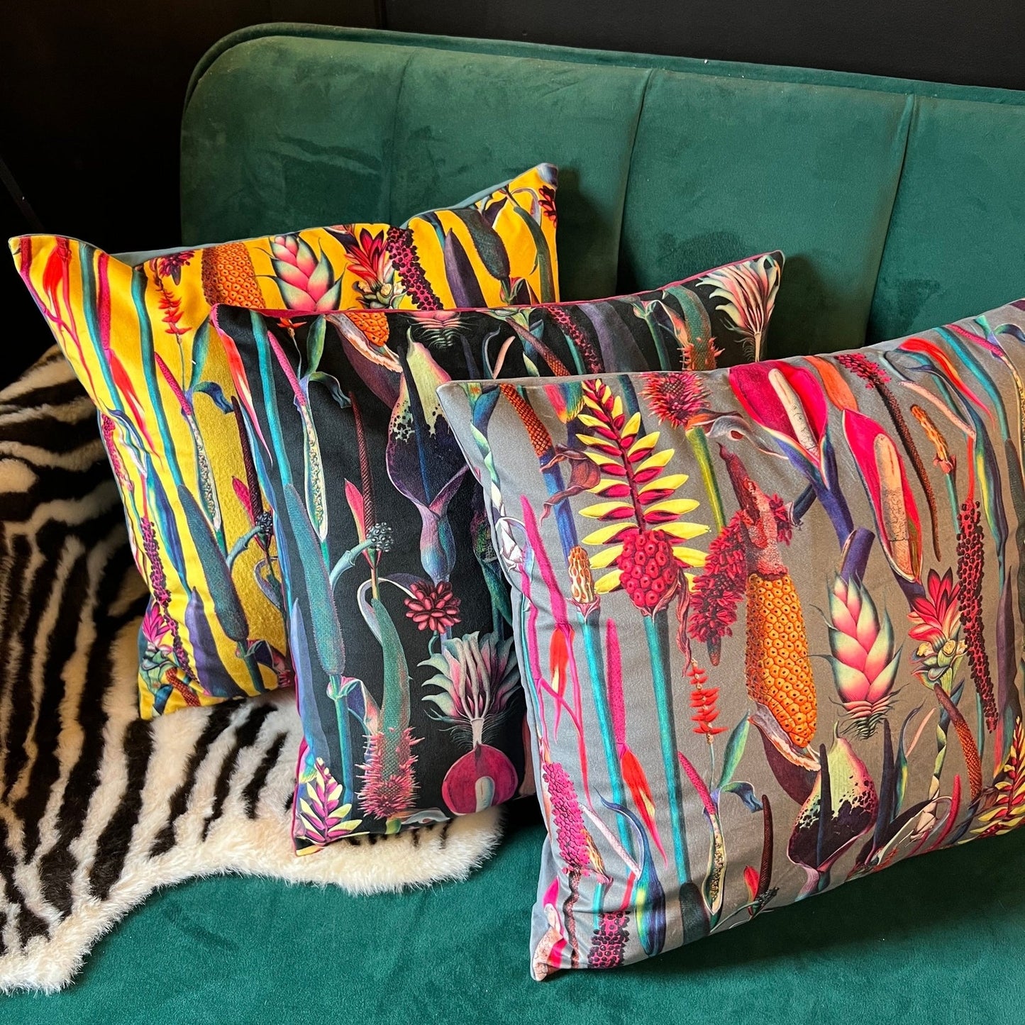 Botanical lily grey luxury velvet cushion