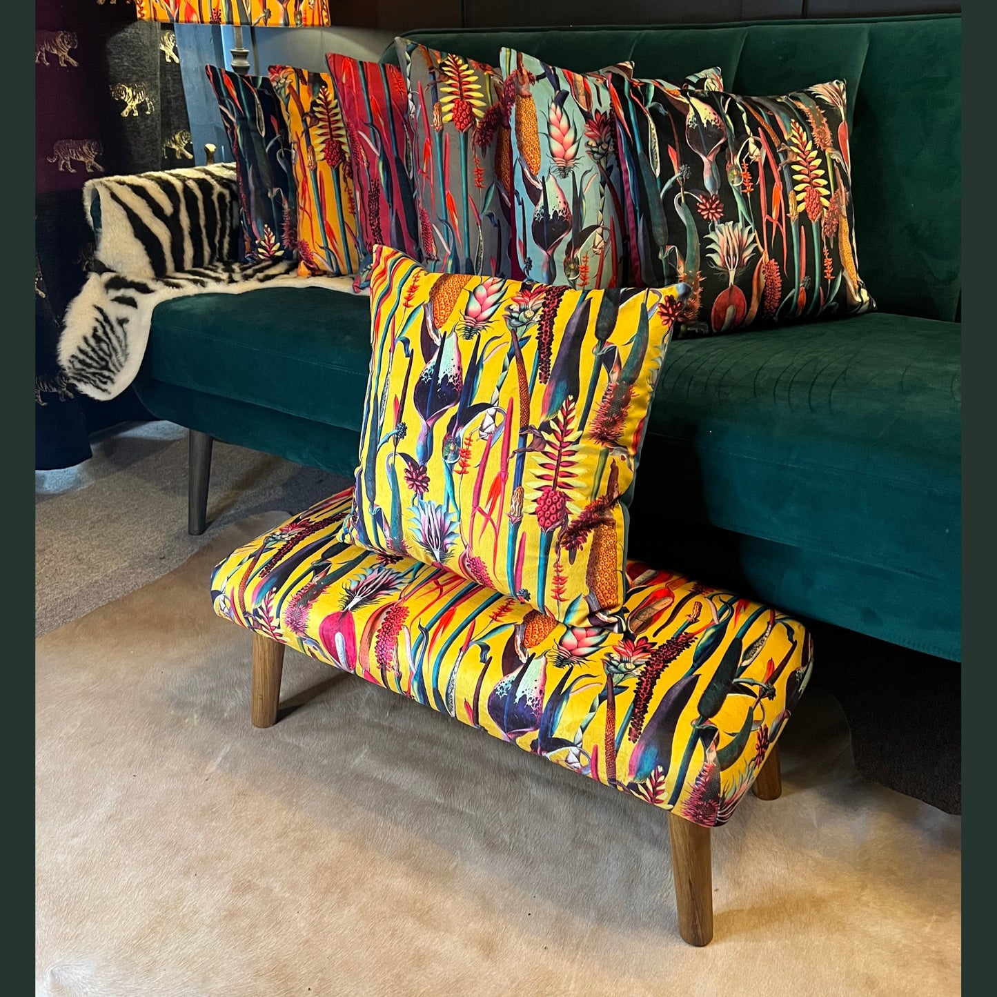 Yellow botanical lily velvet Footstool