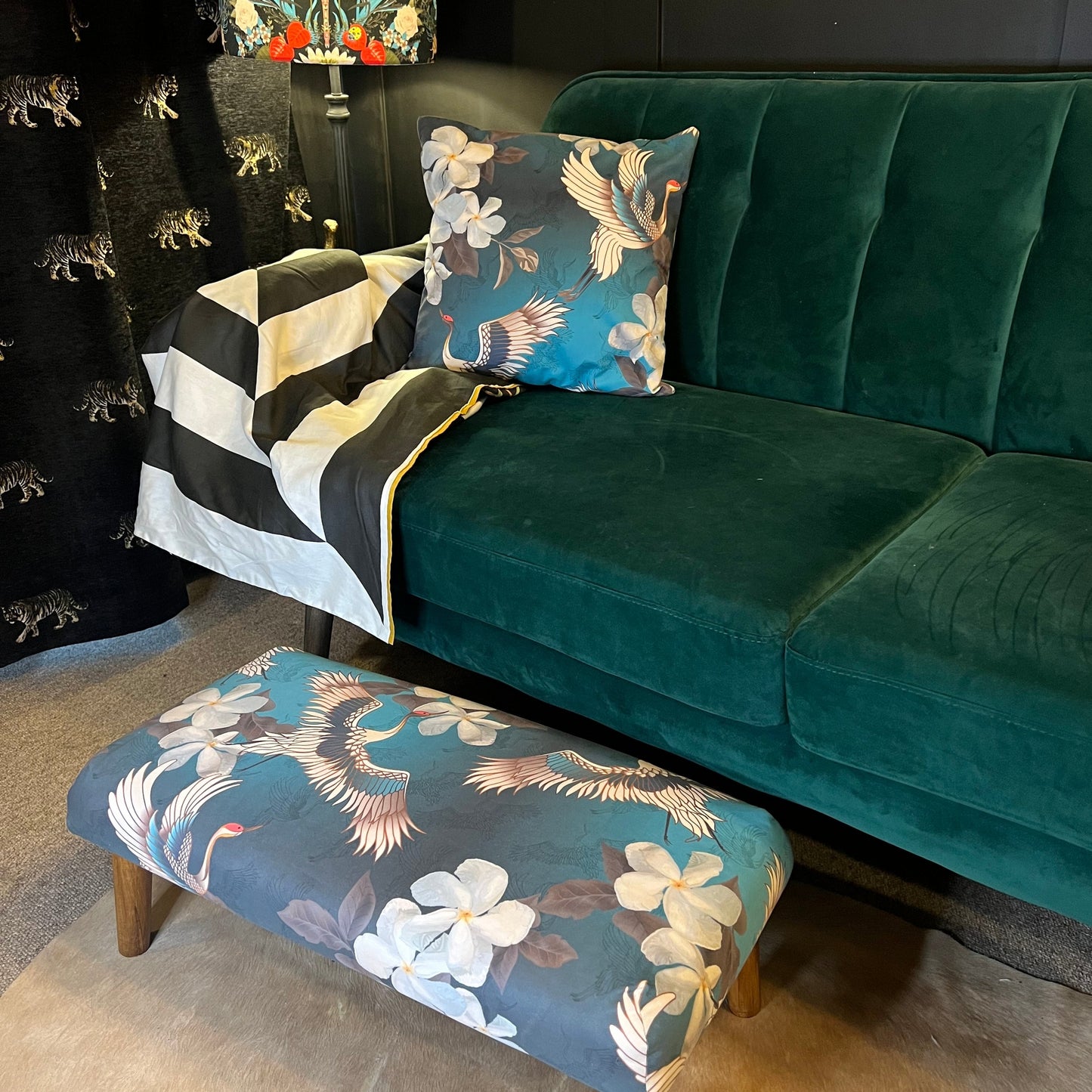 Japanese cranes luxury velvet Footstool