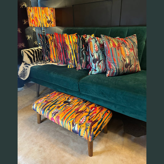 Botanical lily mustard velvet Footstool