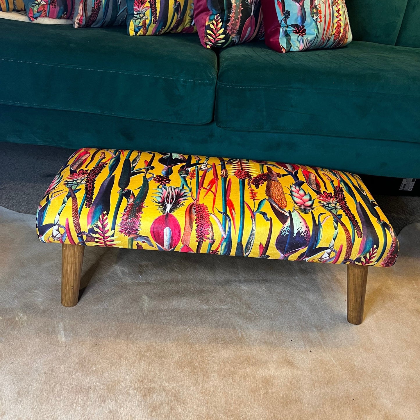 Yellow botanical lily velvet Footstool