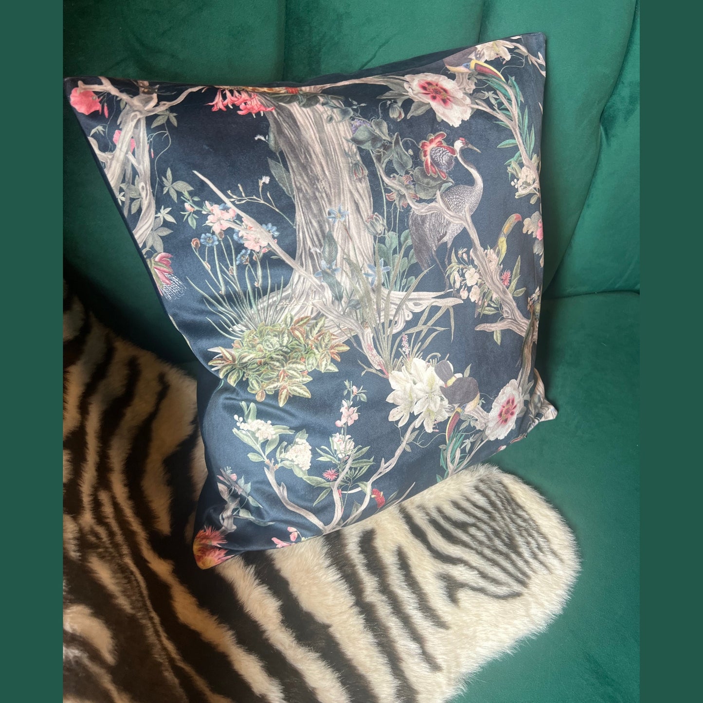 Oriental paradise luxury navy velvet cushion