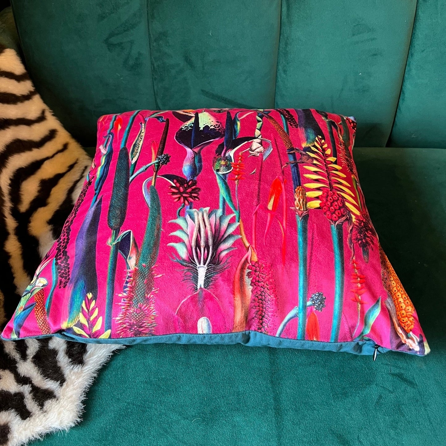 Botanical lily luxury hot pink velvet cushion