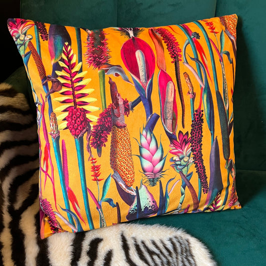 Botanical lily luxury mustard velvet cushion