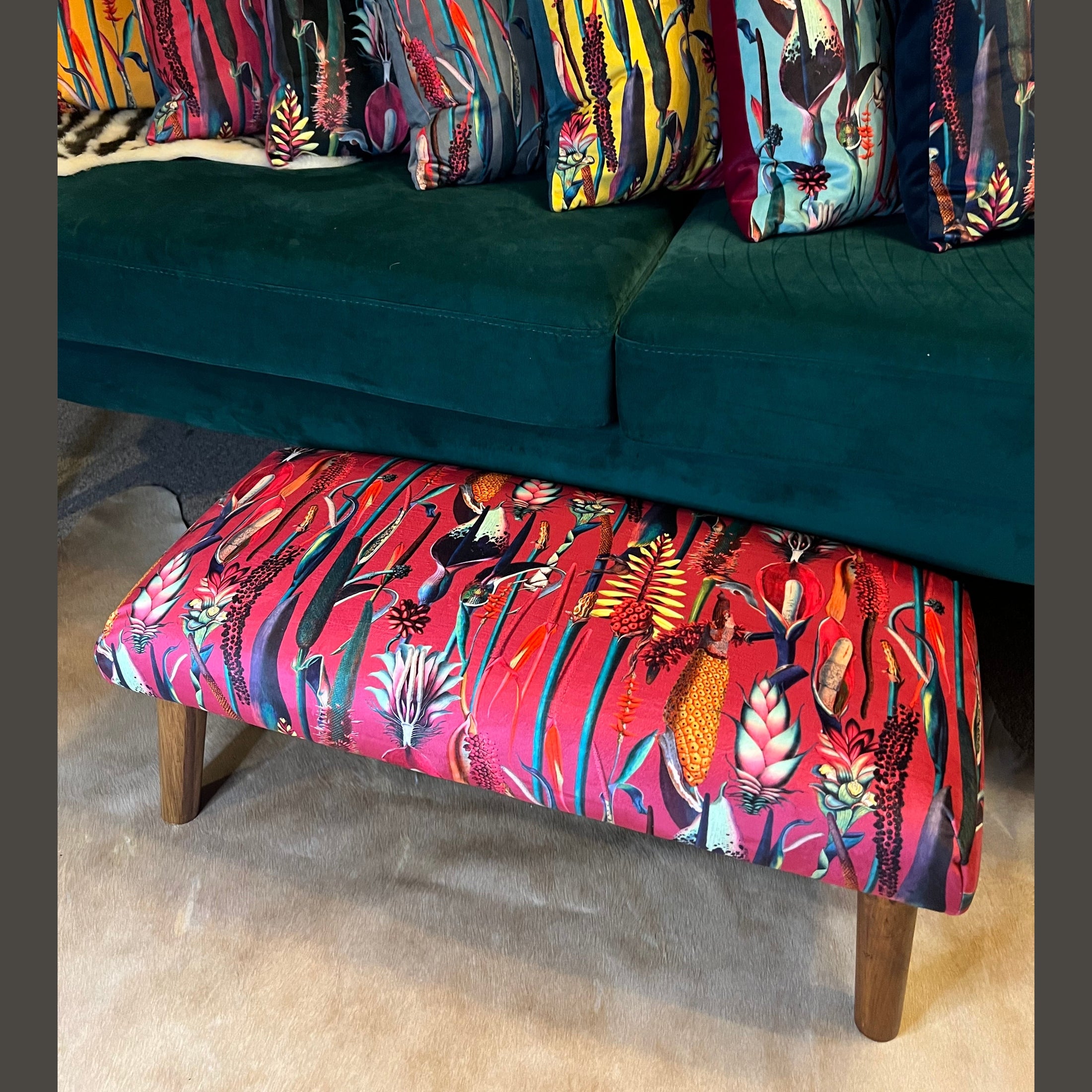 Botanical Lily | Pink & Teal Velvet | Footstool