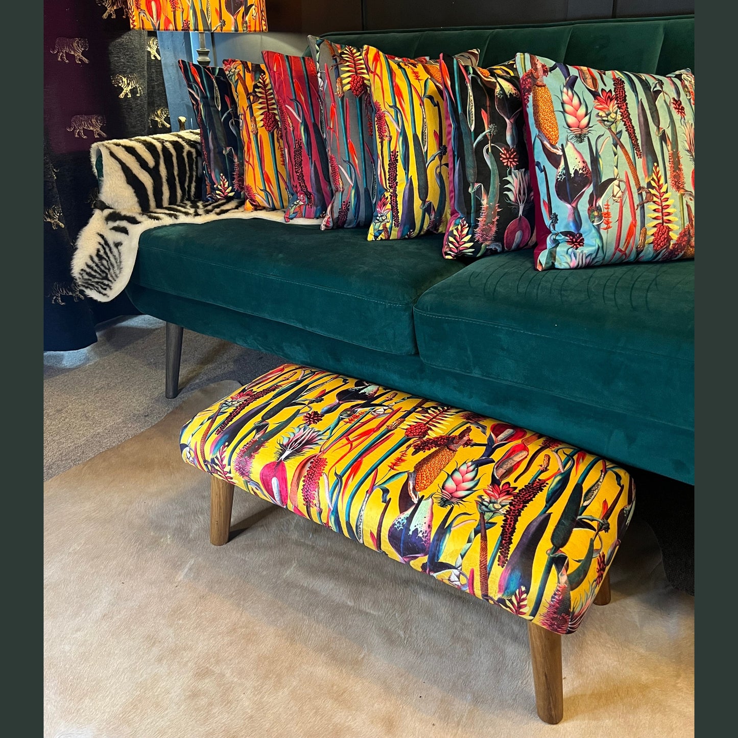 Yellow botanical lily velvet Footstool