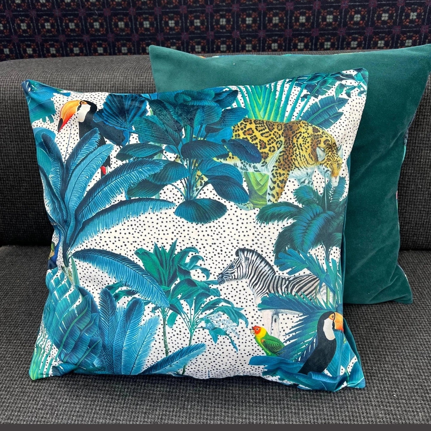 Tropical paradise parrot and toucan jungle luxury velvet cushion white