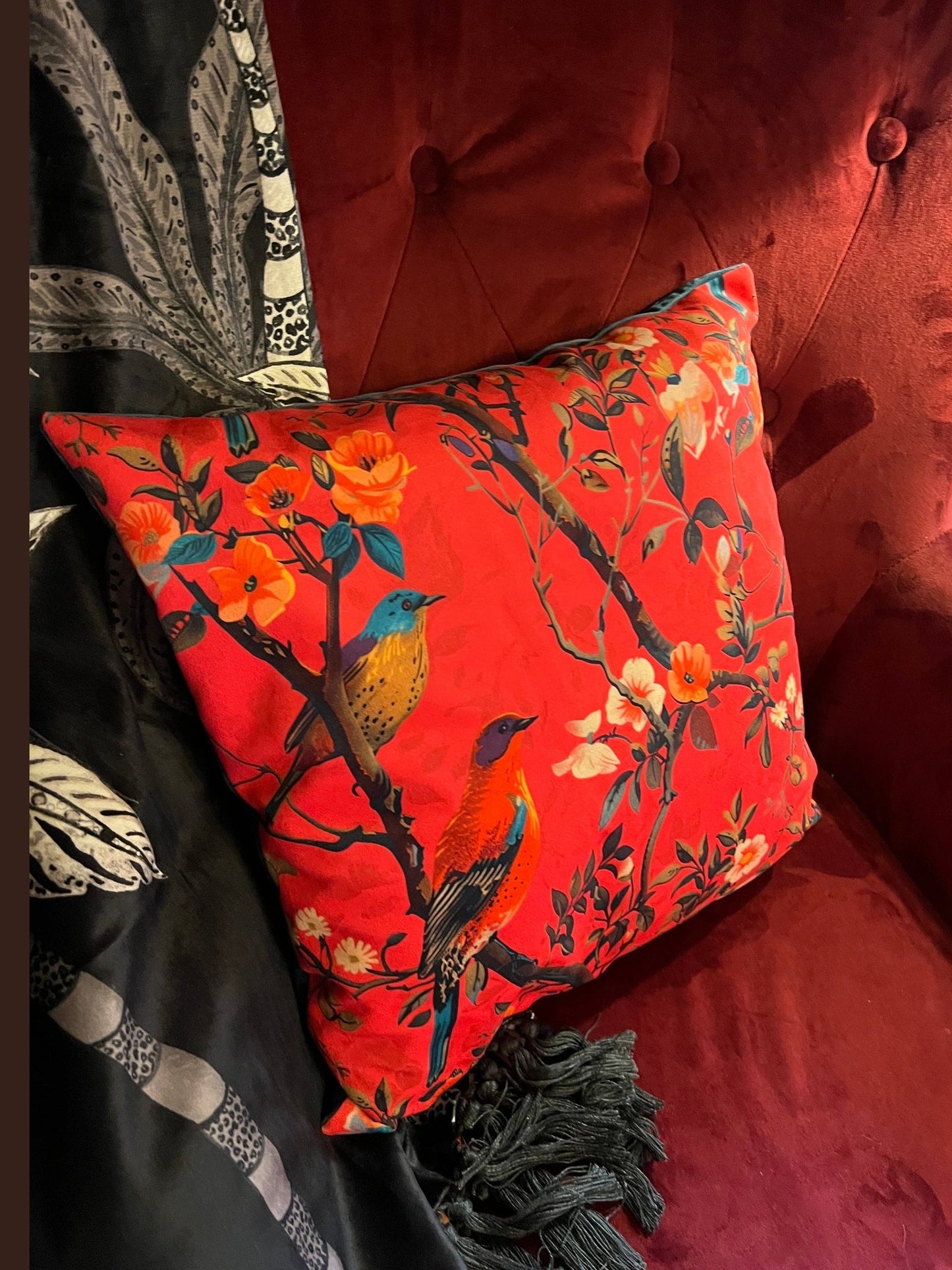 Perching birds pink luxury velvet feather filled cushion