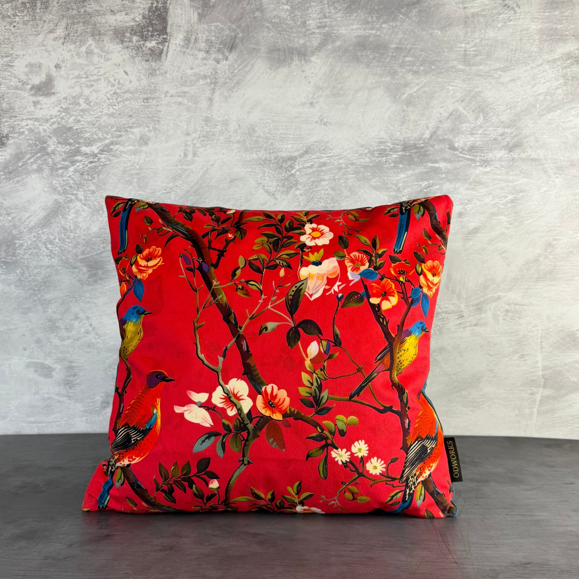 Perching Birds | Red & Blue Velvet | Cushion