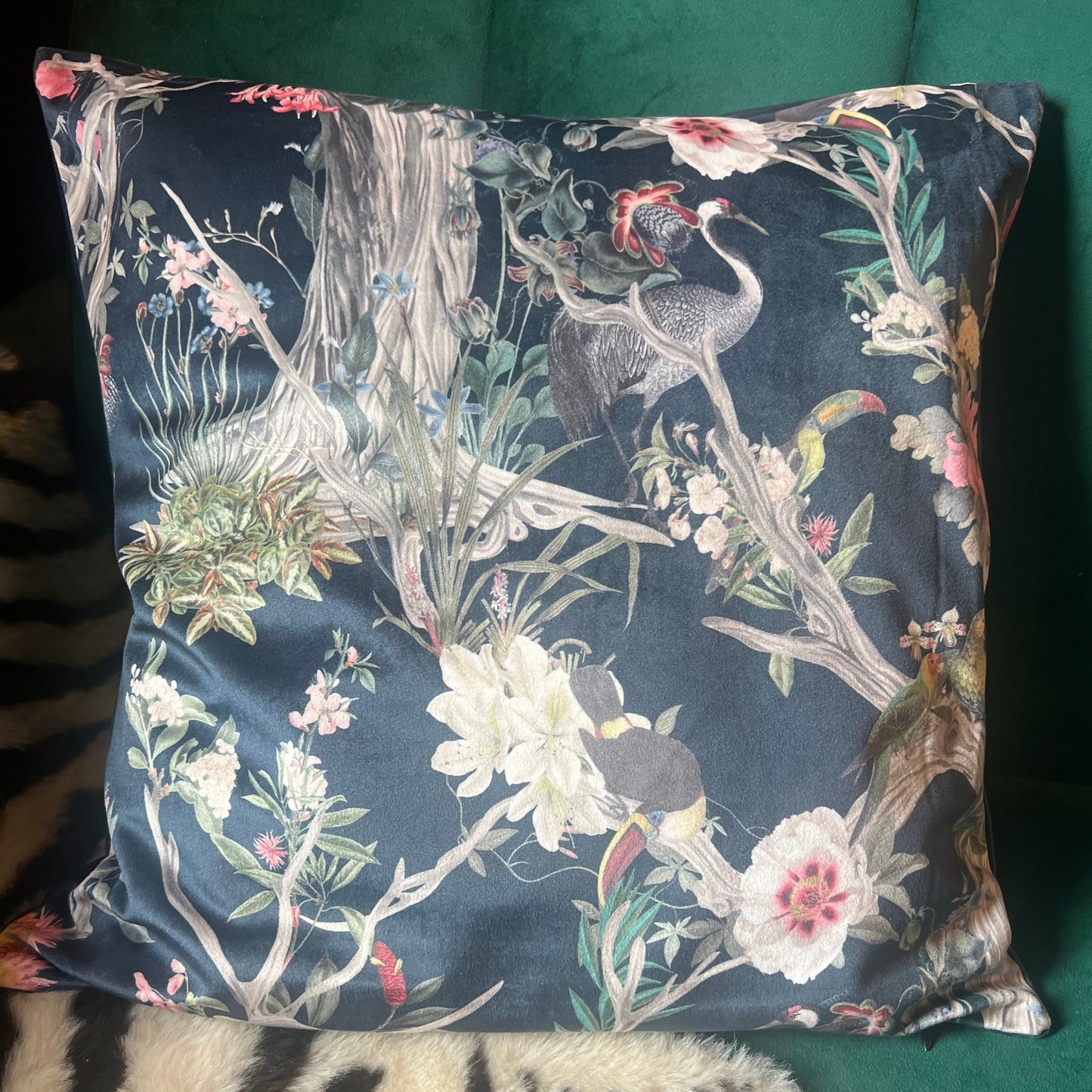 Oriental paradise luxury navy velvet cushion