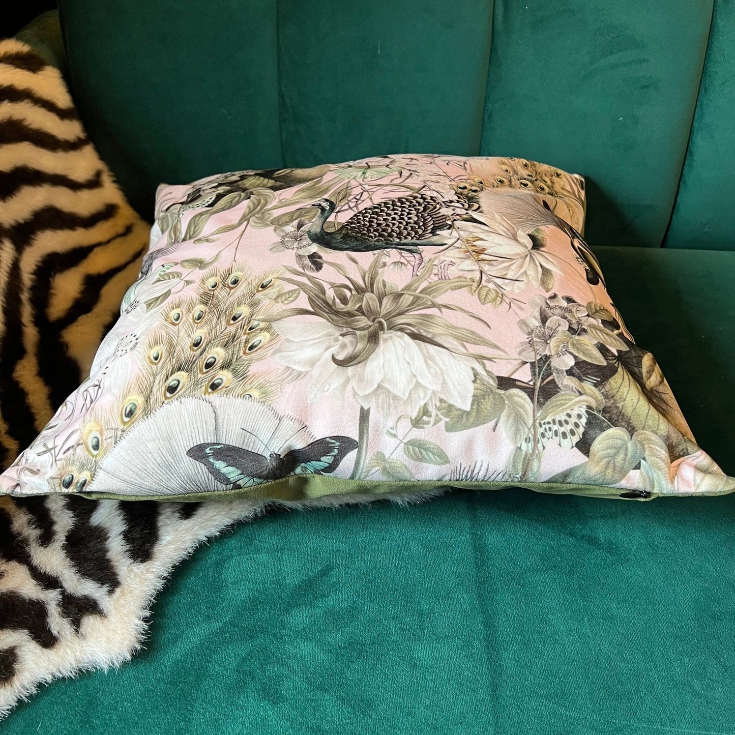 Peacocks and butterflies luxury pink velvet cushion
