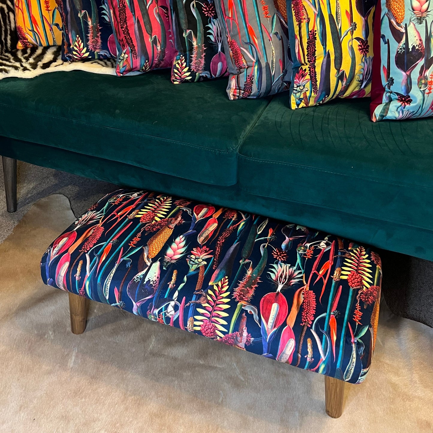 Botanical lily navy velvet Footstool