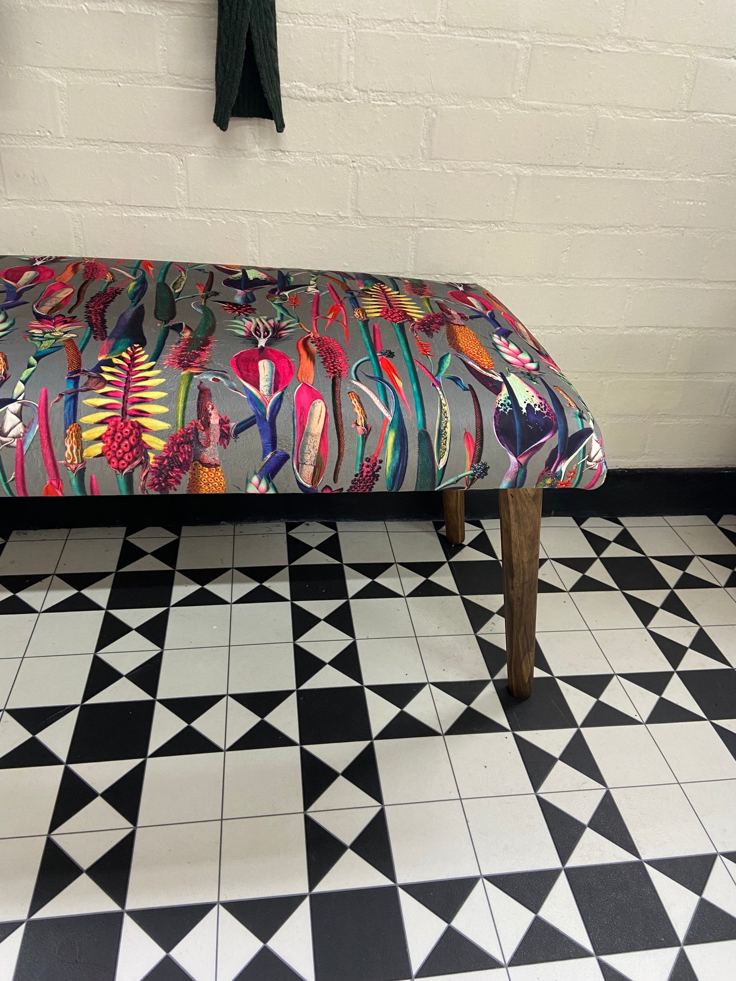 Grey velvet botanical lily bench