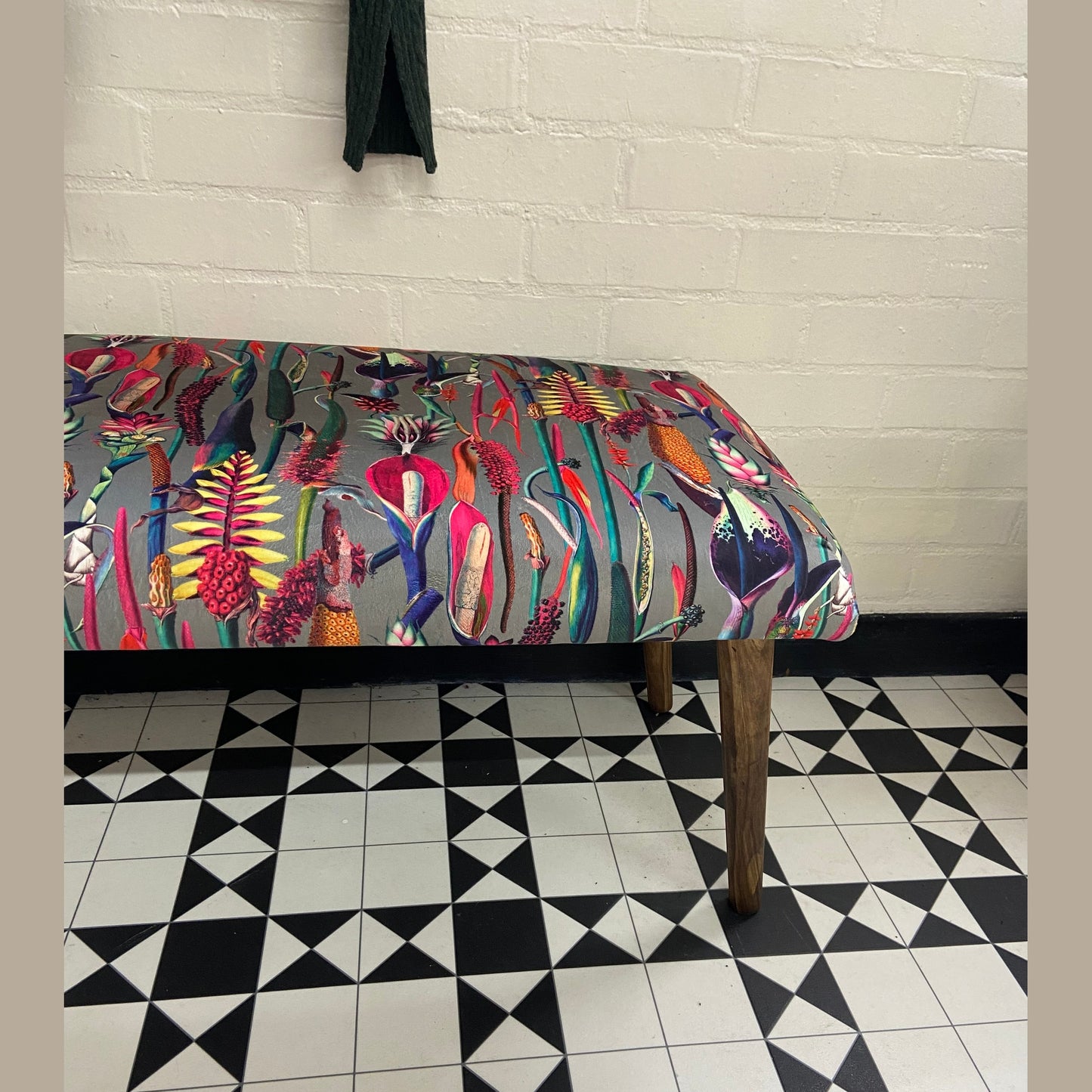 Grey velvet botanical lily bench