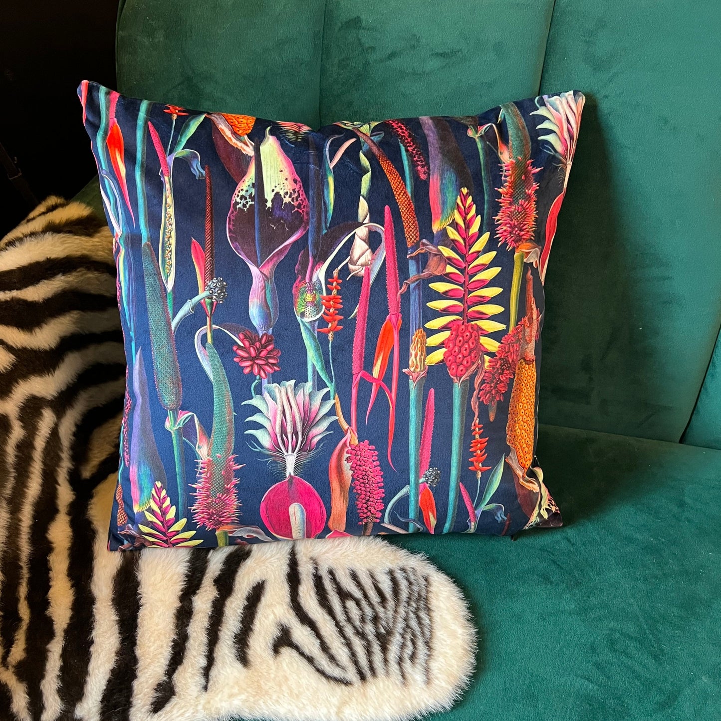 Botanical lily luxury navy velvet cushion