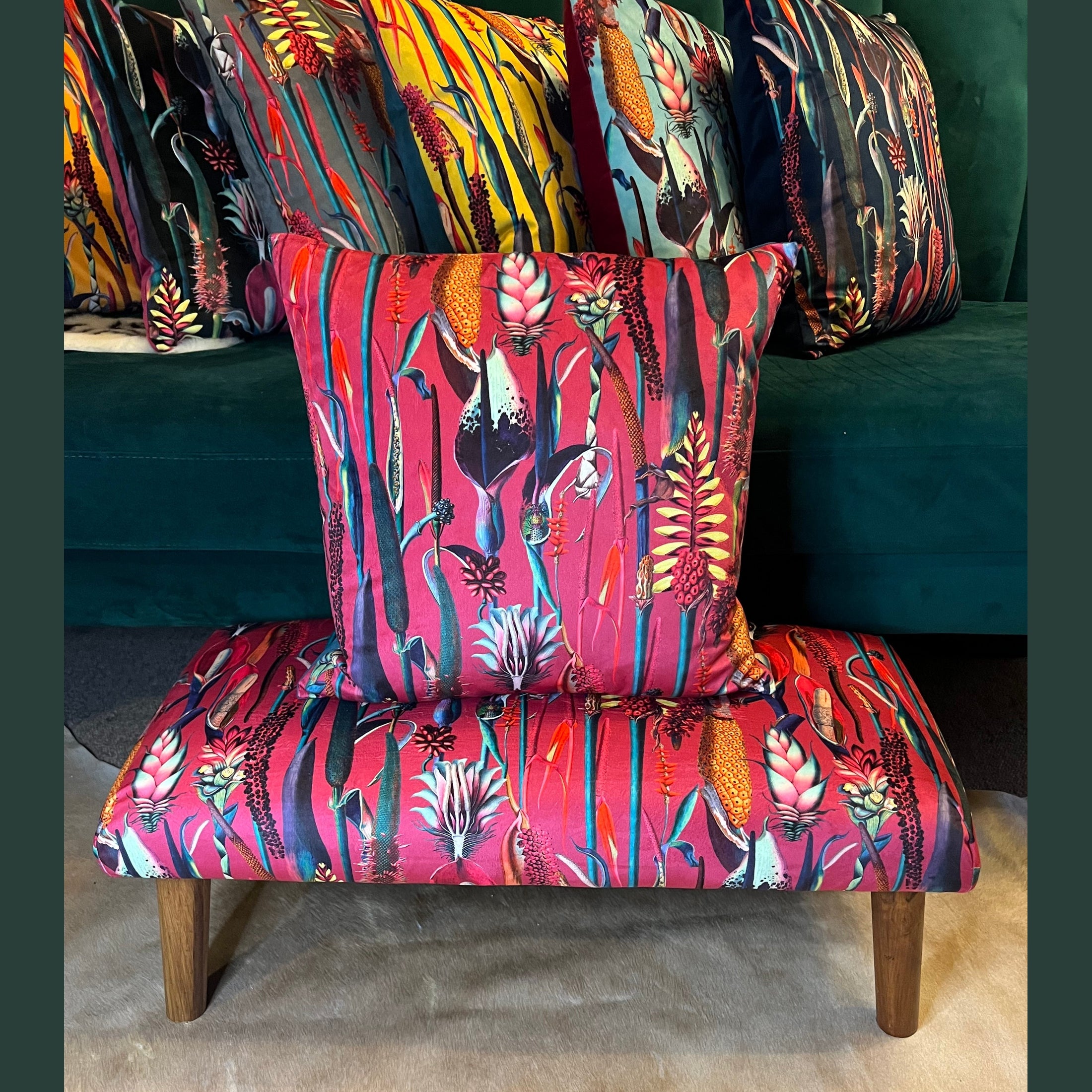 Botanical Lily | Pink & Teal Velvet | Footstool