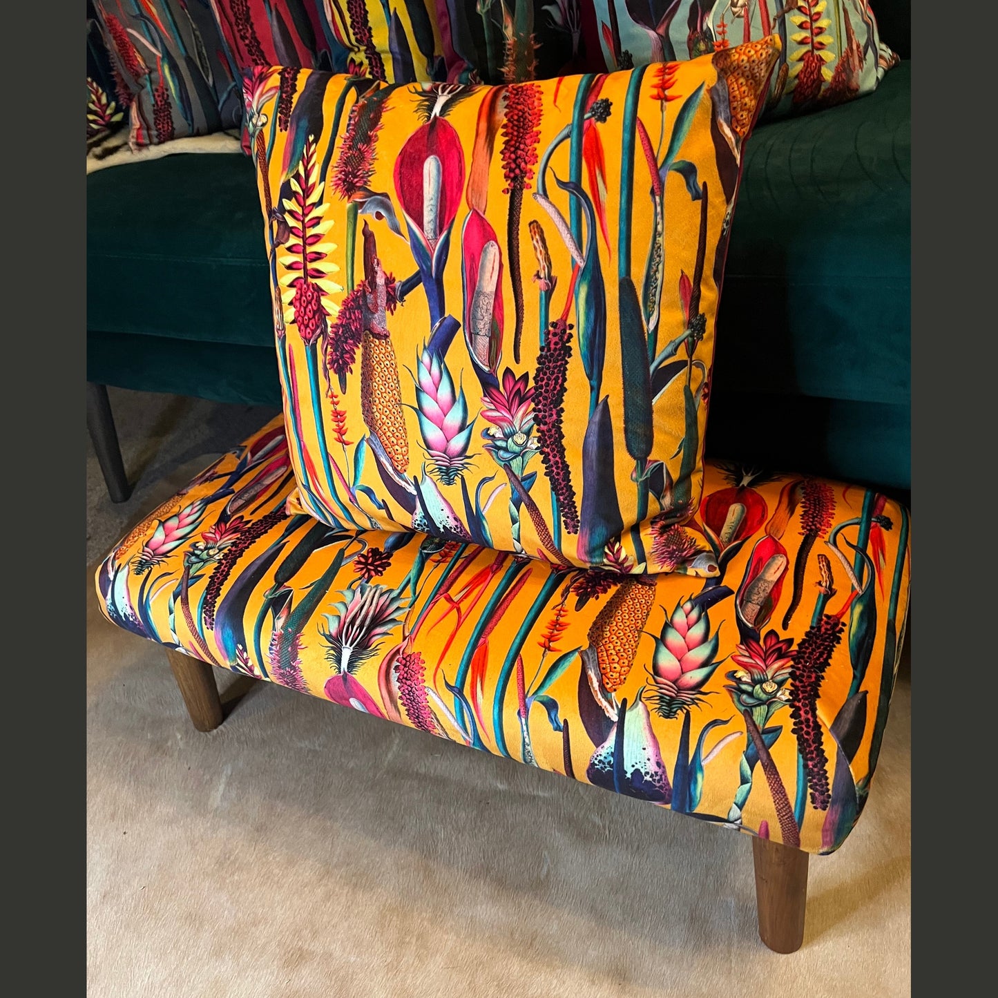 Botanical lily mustard velvet Footstool