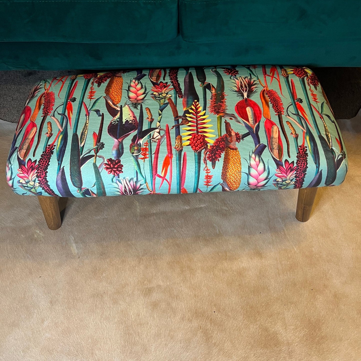 Turquoise botanical lily velvet Footstool